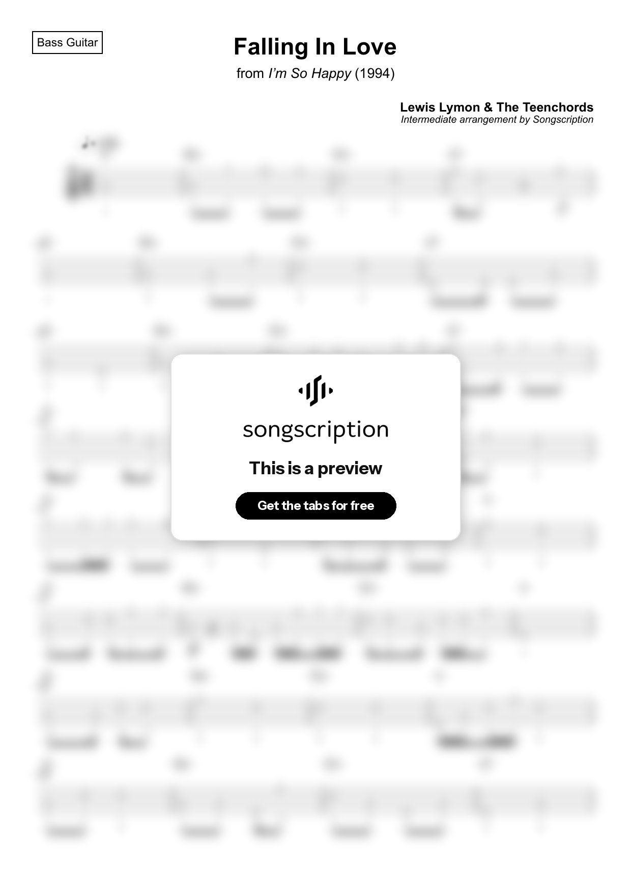 Intermediate Bass Guitar Tabs for "Falling In Love" by Lewis Lymon & The Teenchords
