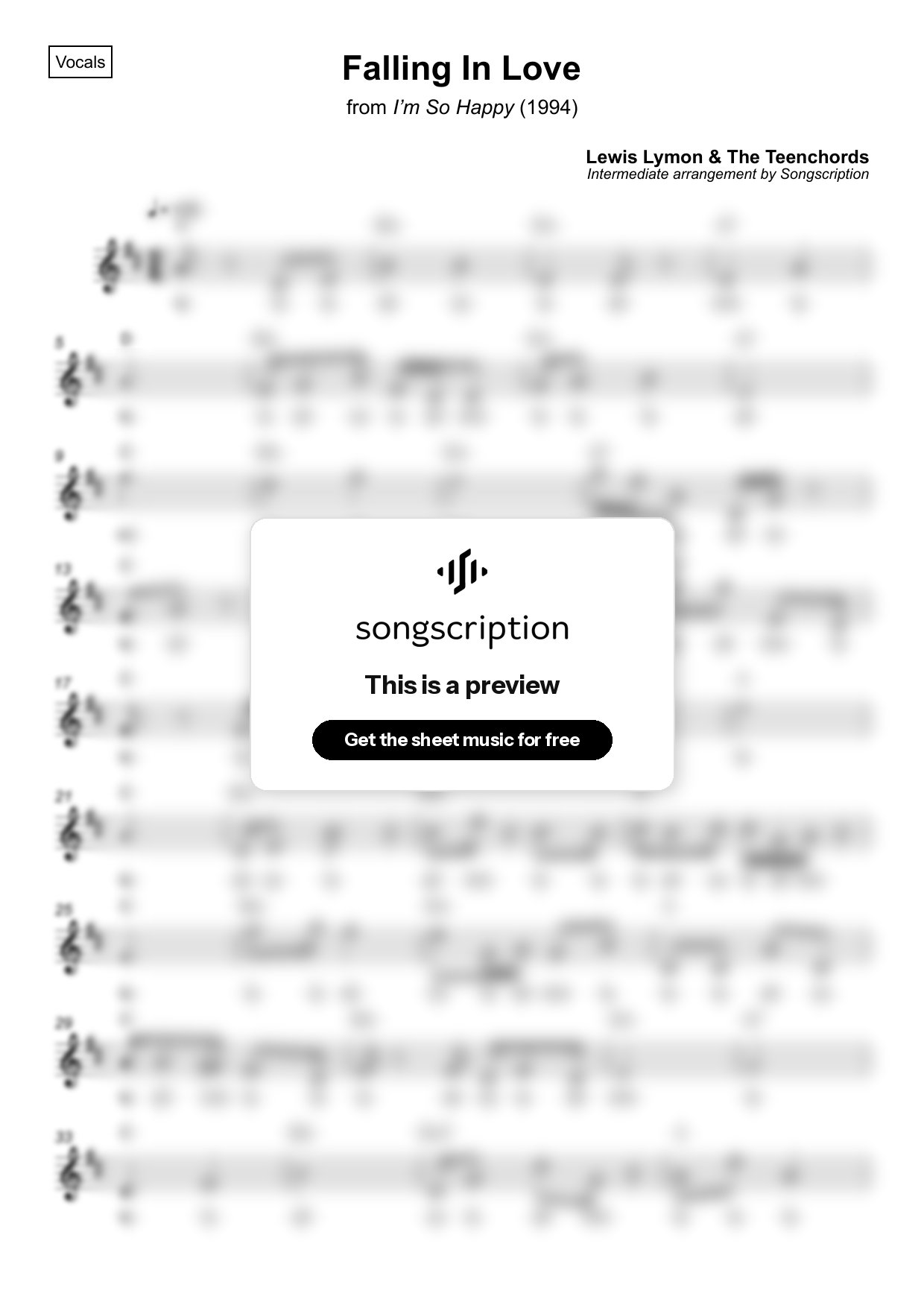 Intermediate Vocals Sheet Music for "Falling In Love" by Lewis Lymon & The Teenchords