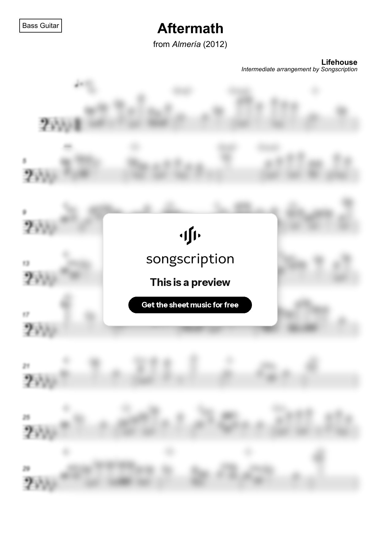Intermediate Bass Guitar Sheet Music for "Aftermath" by Lifehouse