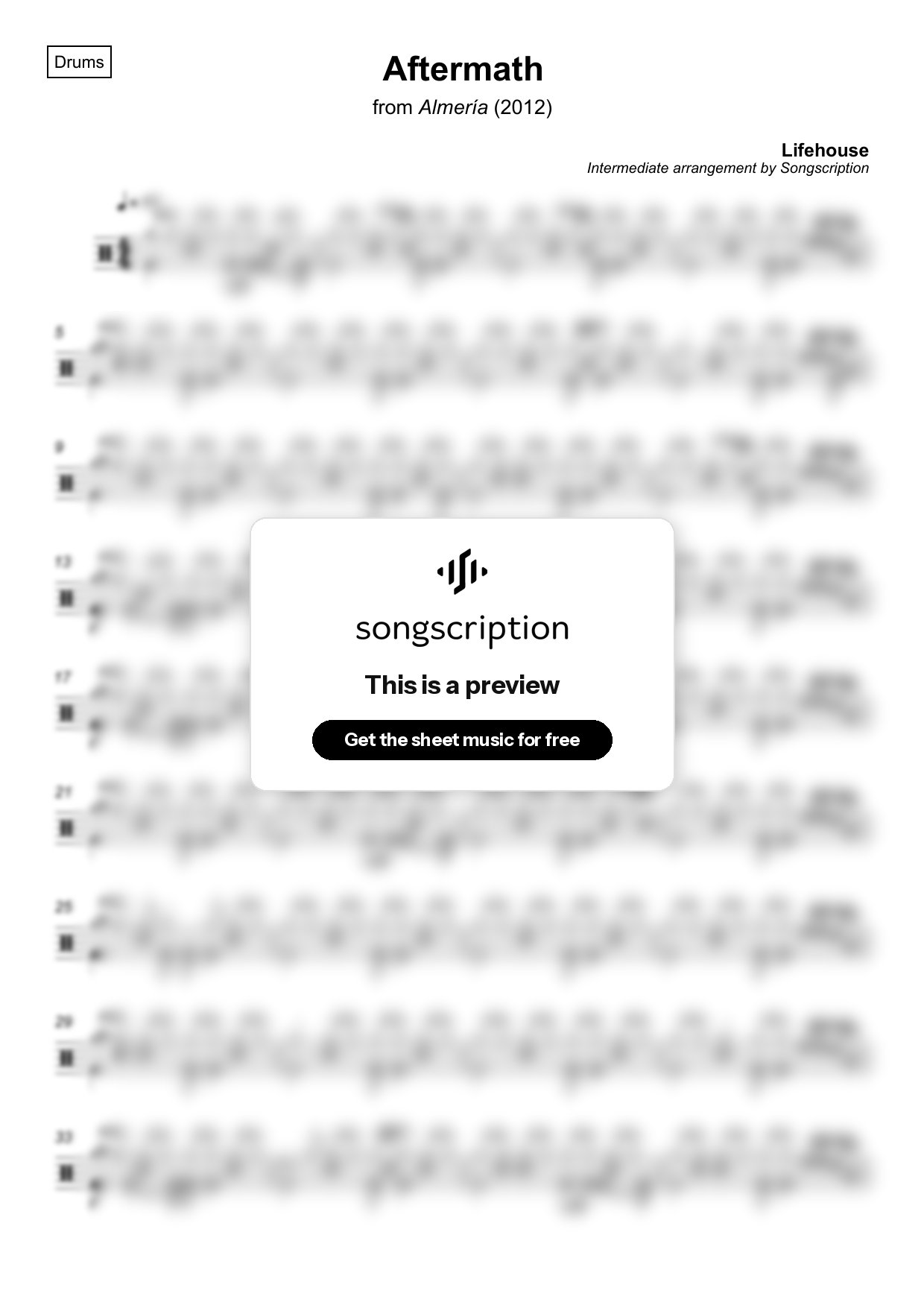 Intermediate Drums Sheet Music for "Aftermath" by Lifehouse