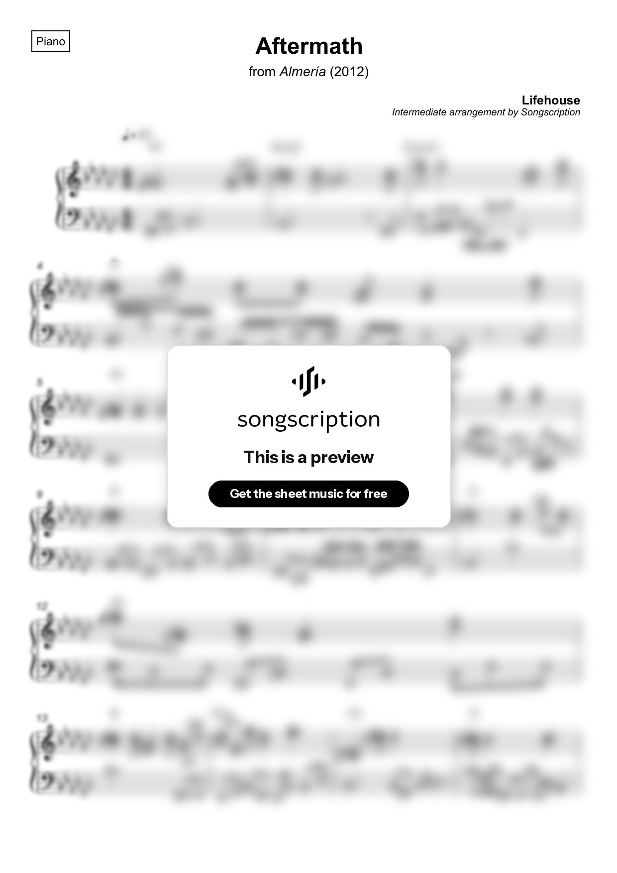 Intermediate Piano Sheet Music for "Aftermath" by Lifehouse