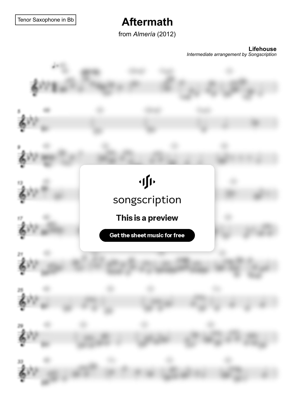 Intermediate Tenor Sax Sheet Music for "Aftermath" by Lifehouse