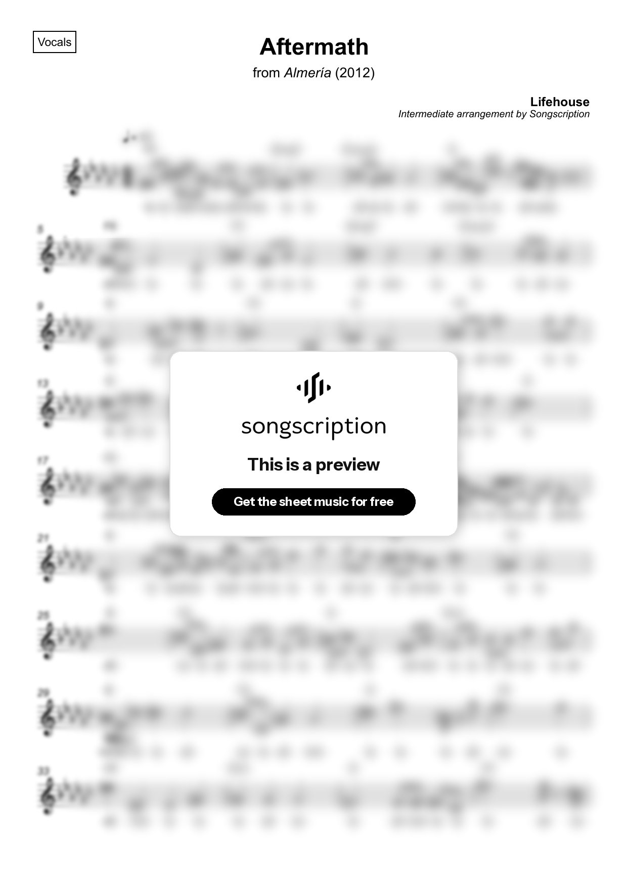 Intermediate Vocals Sheet Music for "Aftermath" by Lifehouse