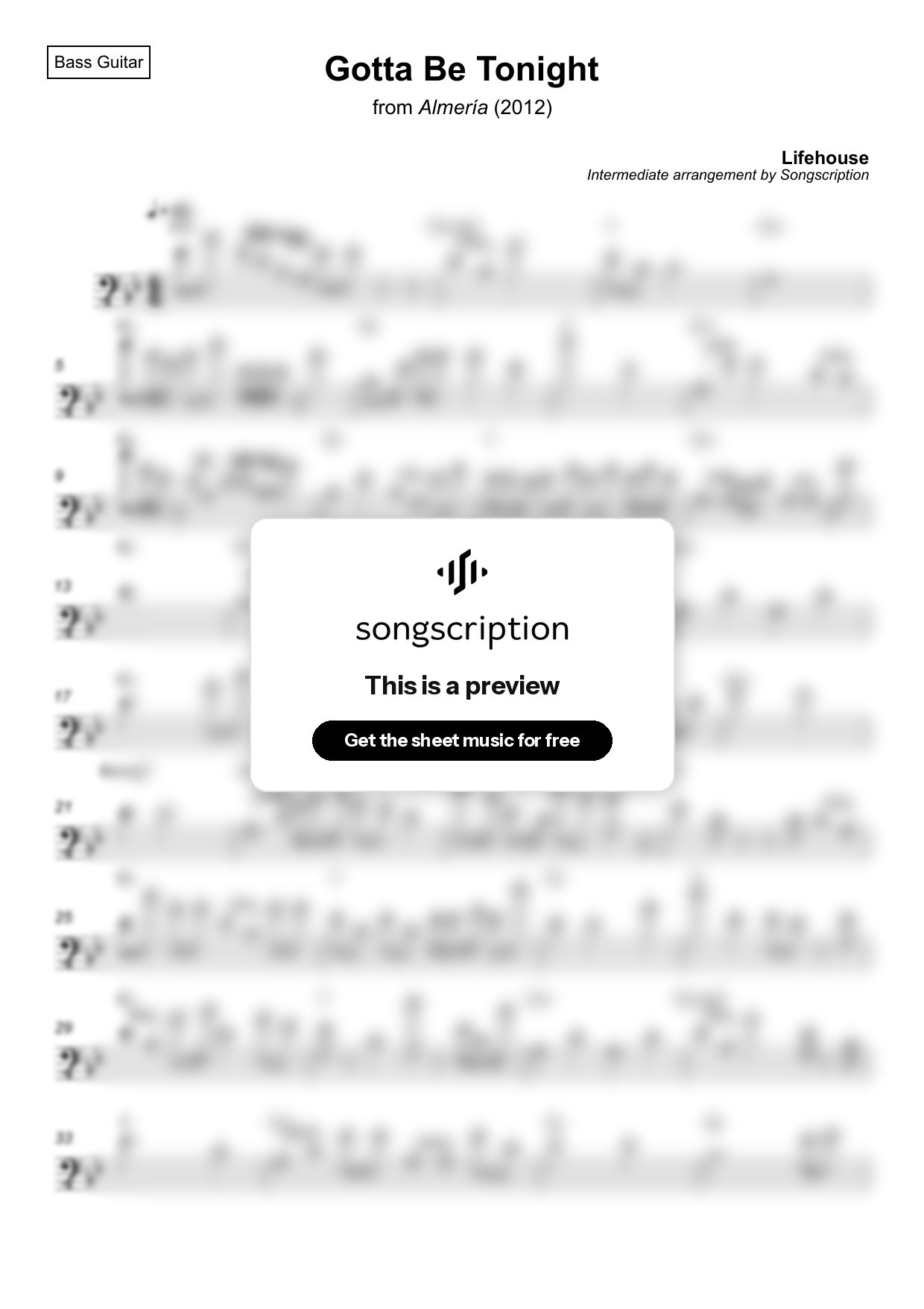 Intermediate Bass Guitar Sheet Music for "Gotta Be Tonight" by Lifehouse