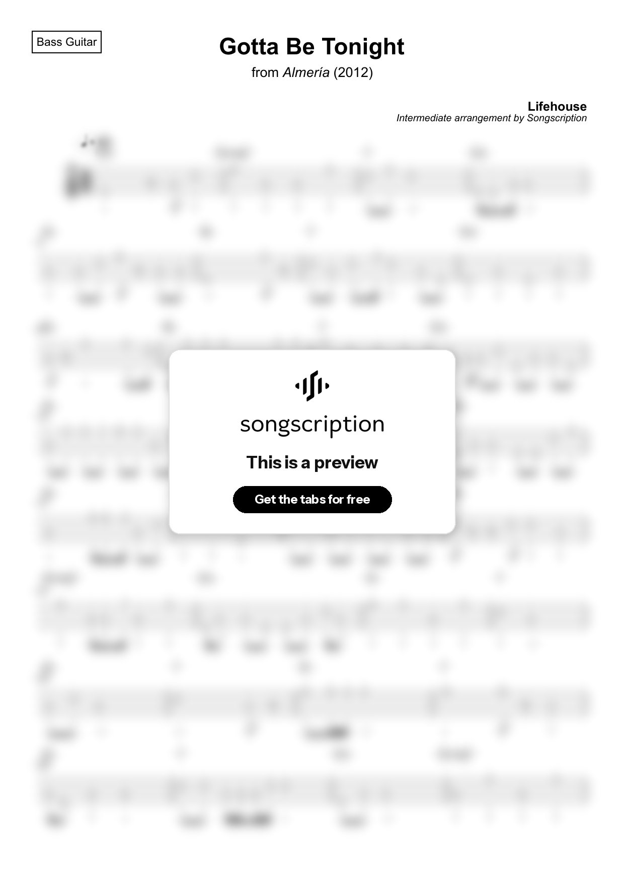 Intermediate Bass Guitar Tabs for "Gotta Be Tonight" by Lifehouse