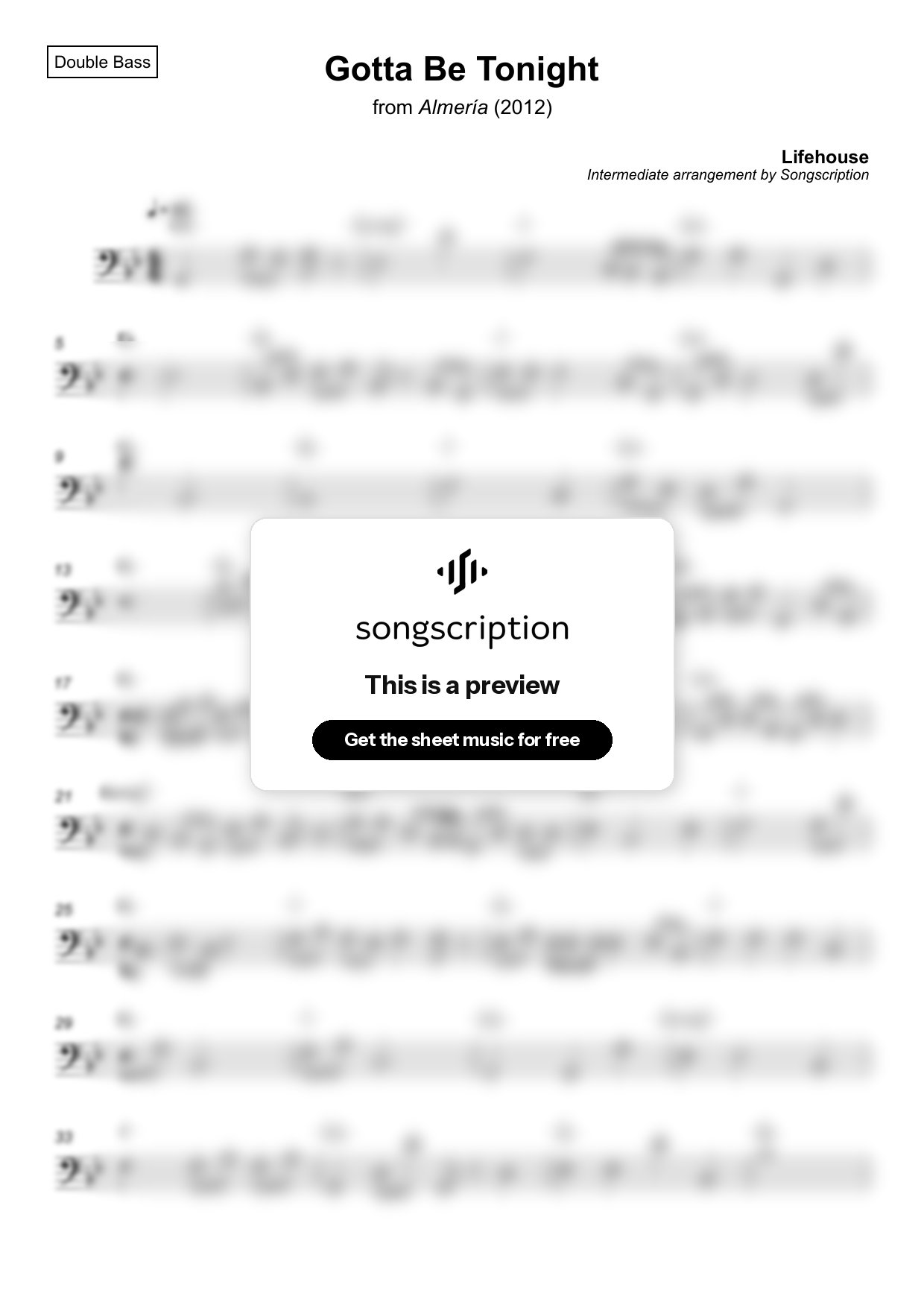Intermediate Double Bass Sheet Music for "Gotta Be Tonight" by Lifehouse