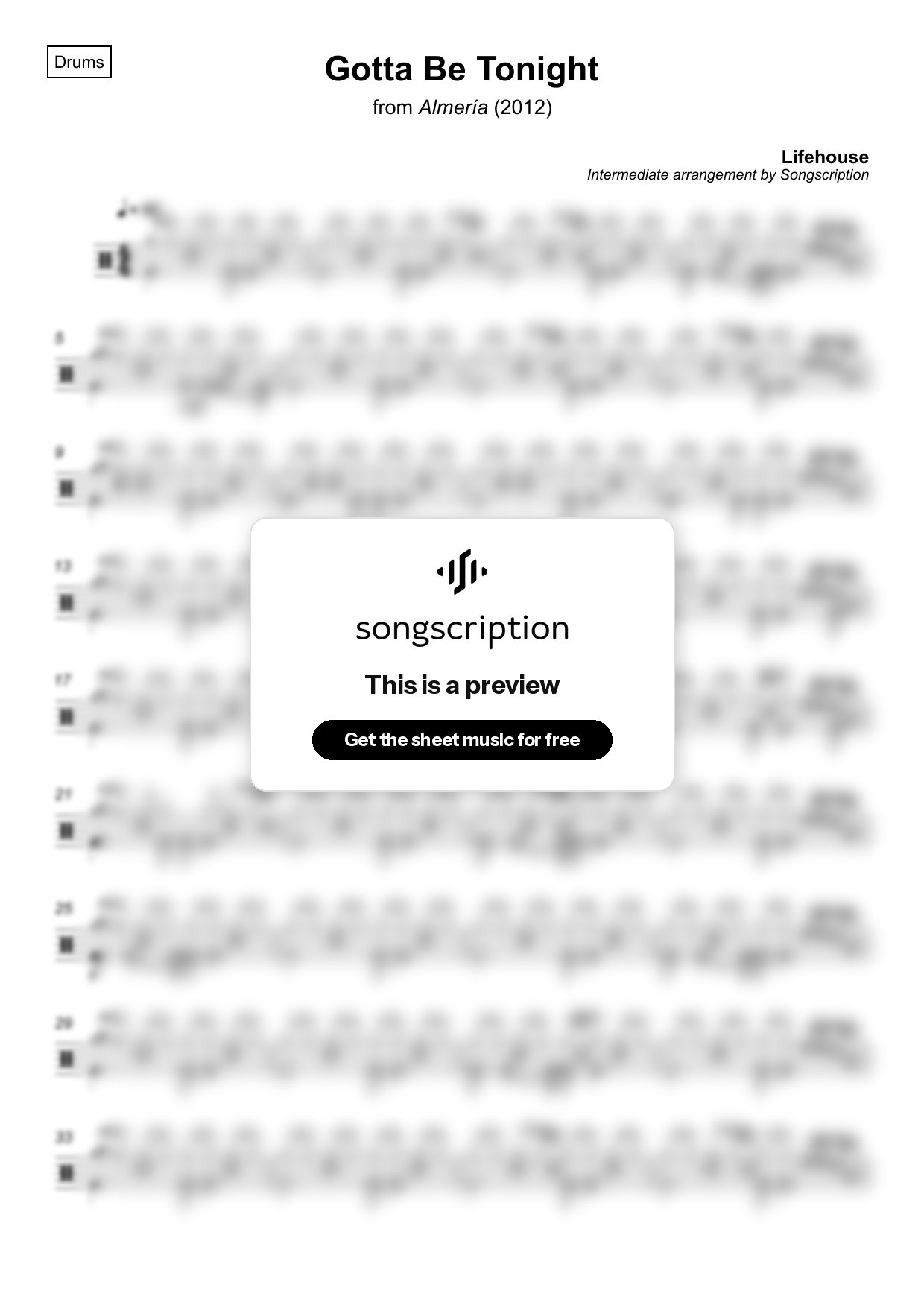 Intermediate Drums Sheet Music for "Gotta Be Tonight" by Lifehouse