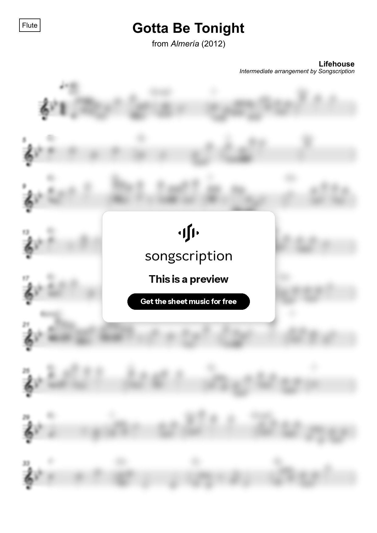 Intermediate Flute Sheet Music for "Gotta Be Tonight" by Lifehouse