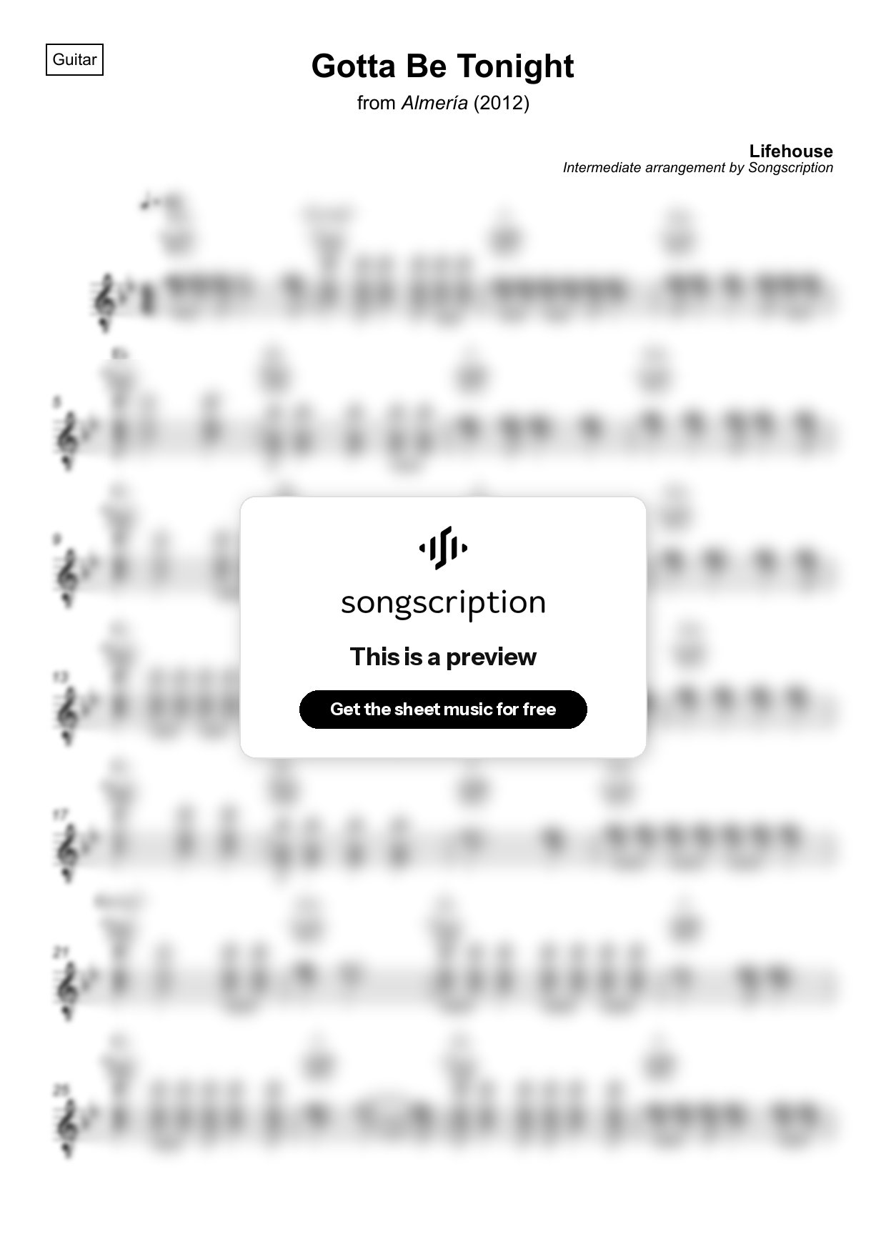 Intermediate Acoustic Guitar Sheet Music for "Gotta Be Tonight" by Lifehouse