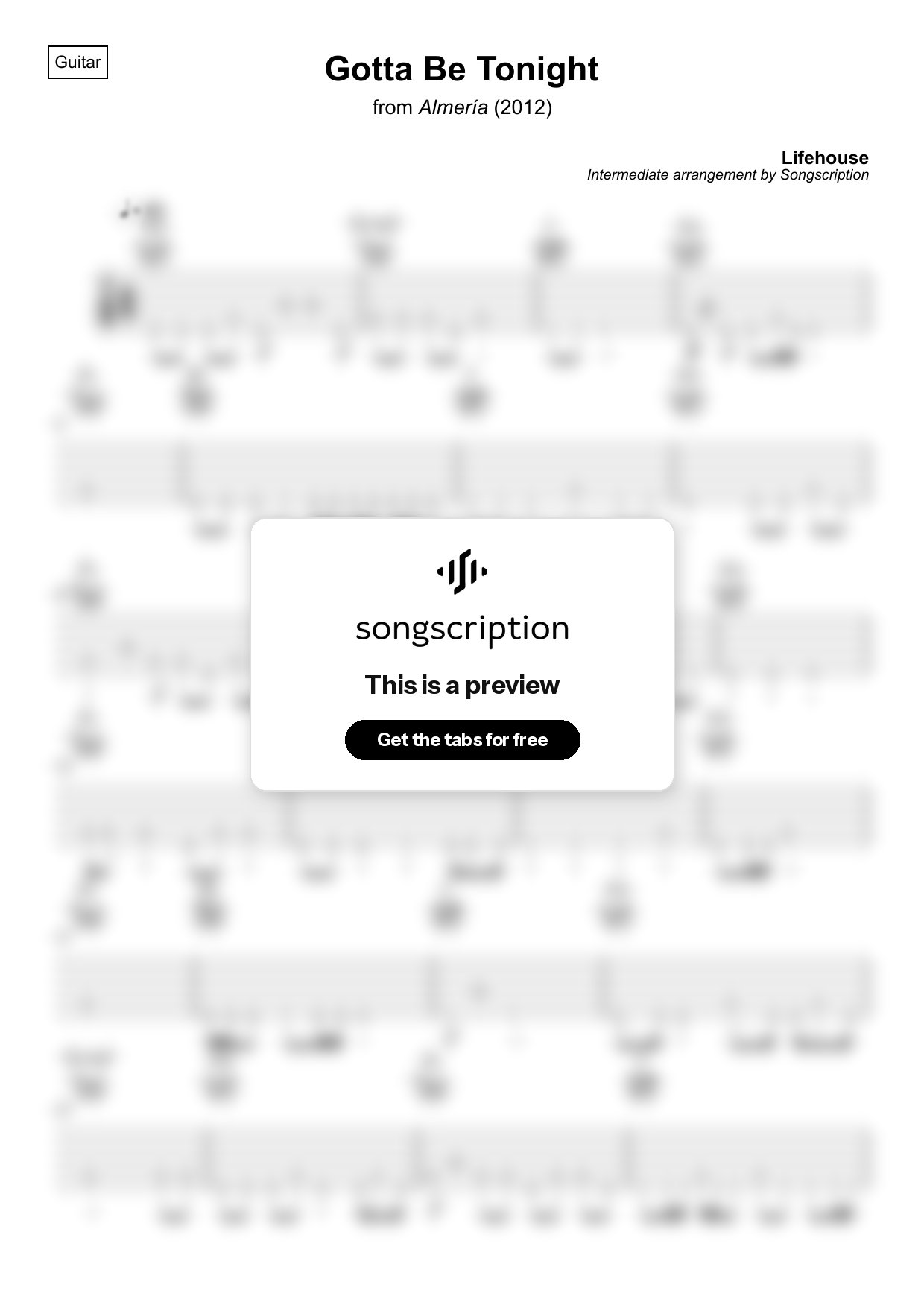 Intermediate Acoustic Guitar Tabs for "Gotta Be Tonight" by Lifehouse