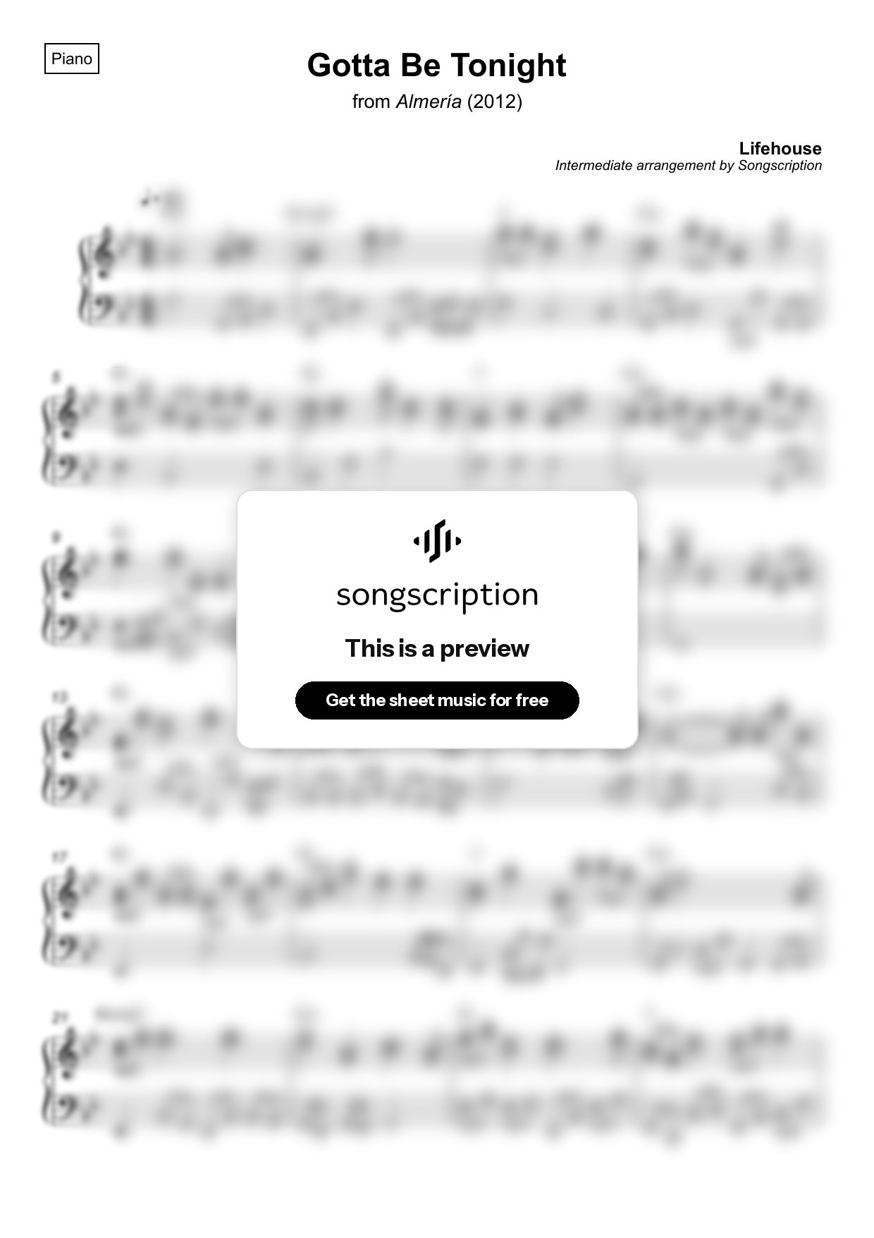 Intermediate Piano Sheet Music for "Gotta Be Tonight" by Lifehouse