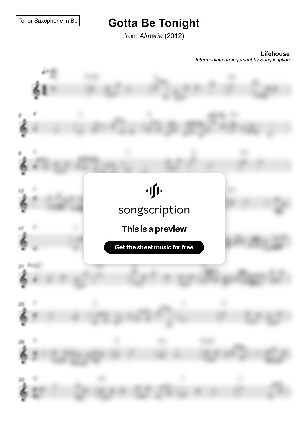 Intermediate Tenor Sax Sheet Music for "Gotta Be Tonight" by Lifehouse