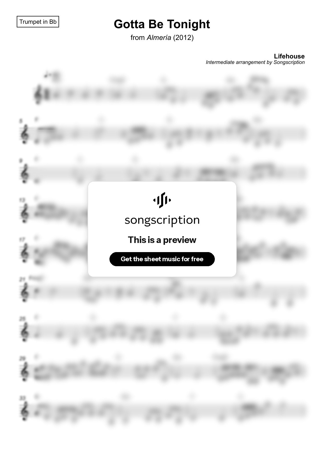 Intermediate Trumpet Sheet Music for "Gotta Be Tonight" by Lifehouse