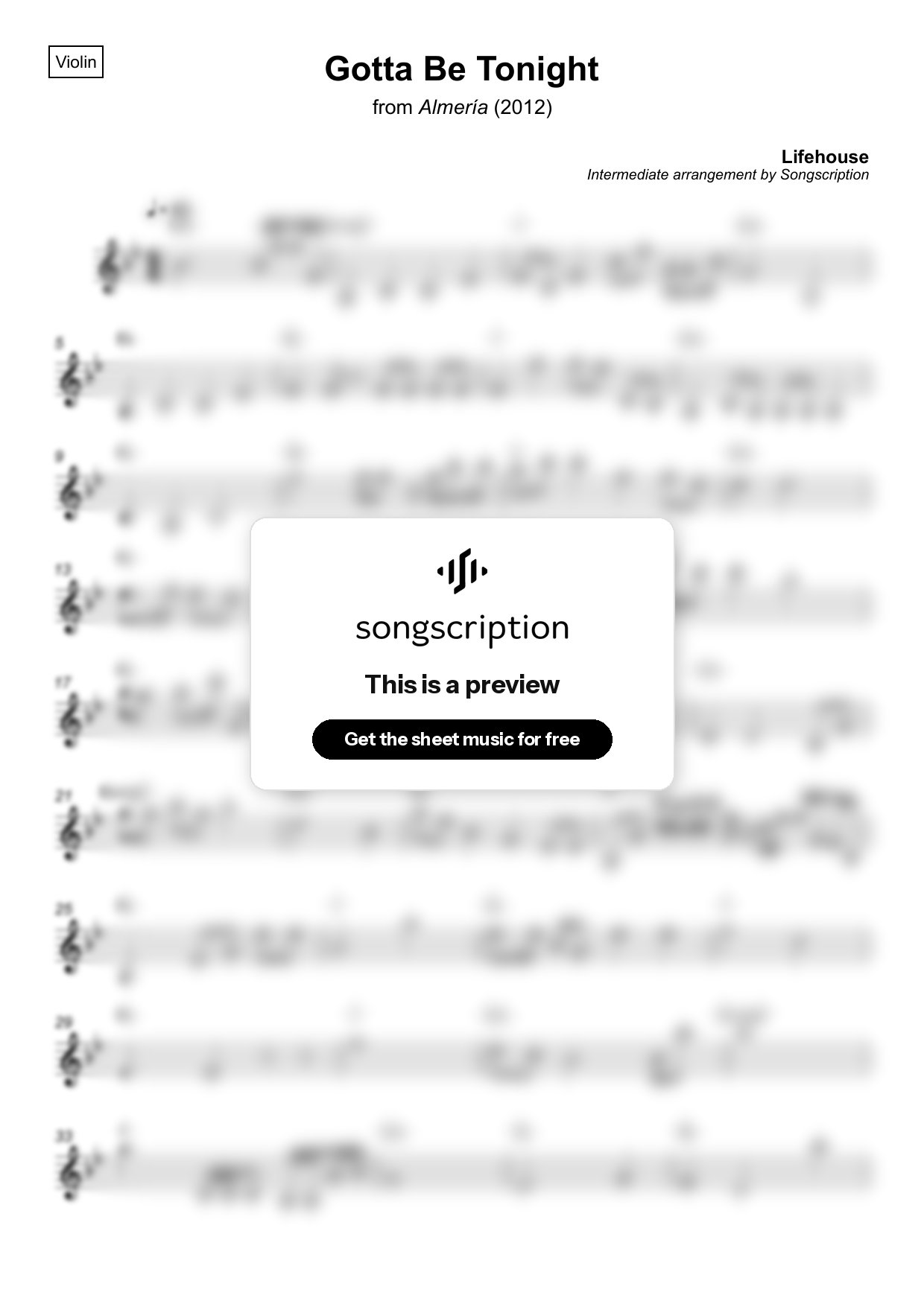 Intermediate Violin Sheet Music for "Gotta Be Tonight" by Lifehouse