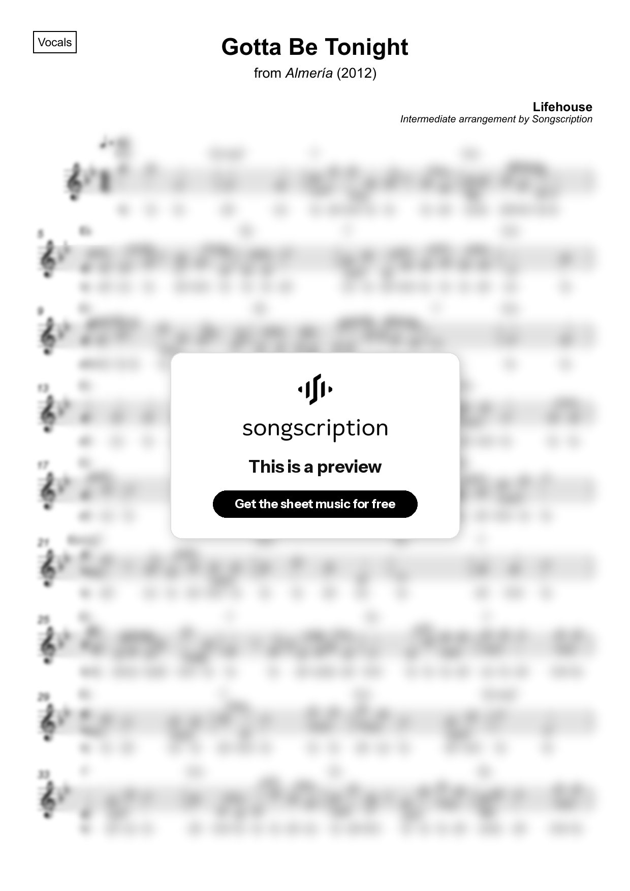 Intermediate Vocals Sheet Music for "Gotta Be Tonight" by Lifehouse