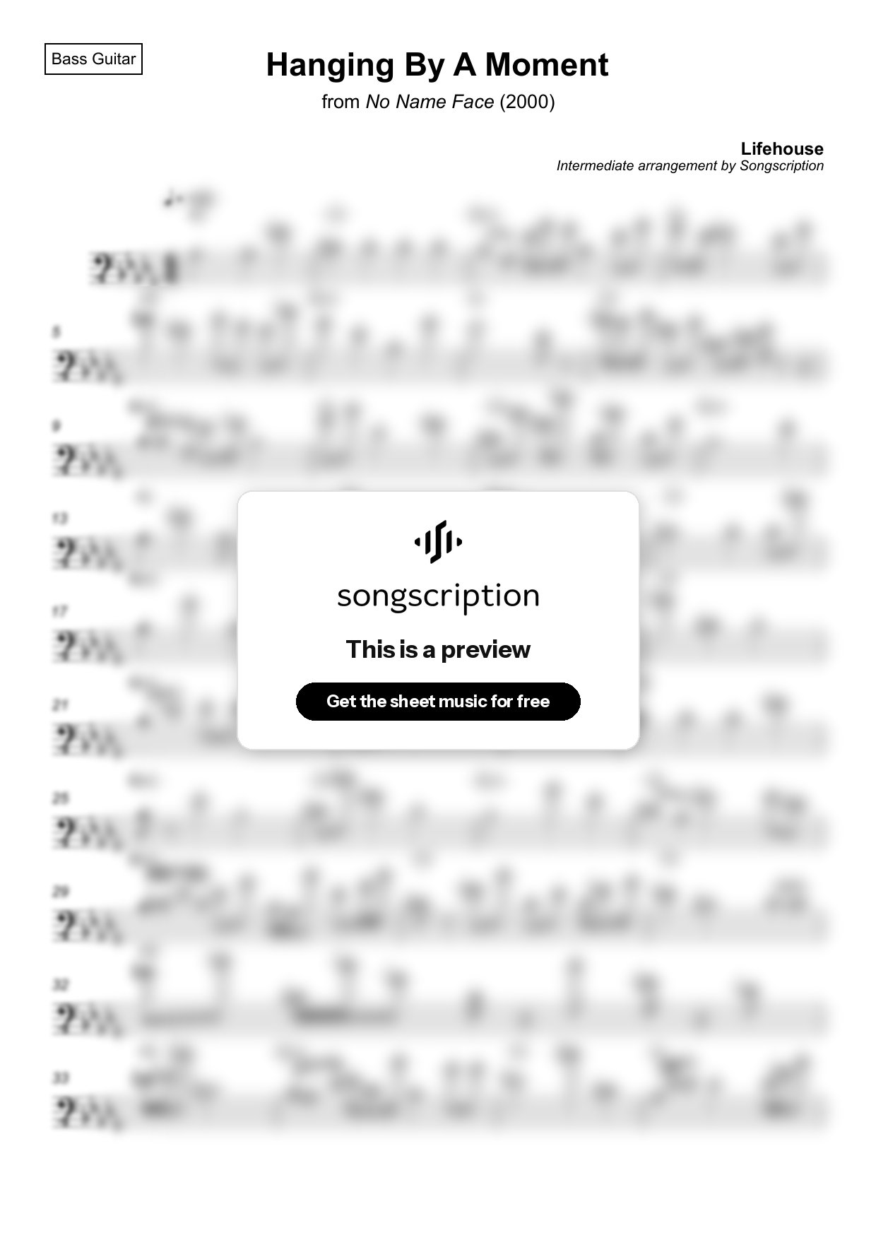 Intermediate Bass Guitar Sheet Music for "Hanging By A Moment" by Lifehouse