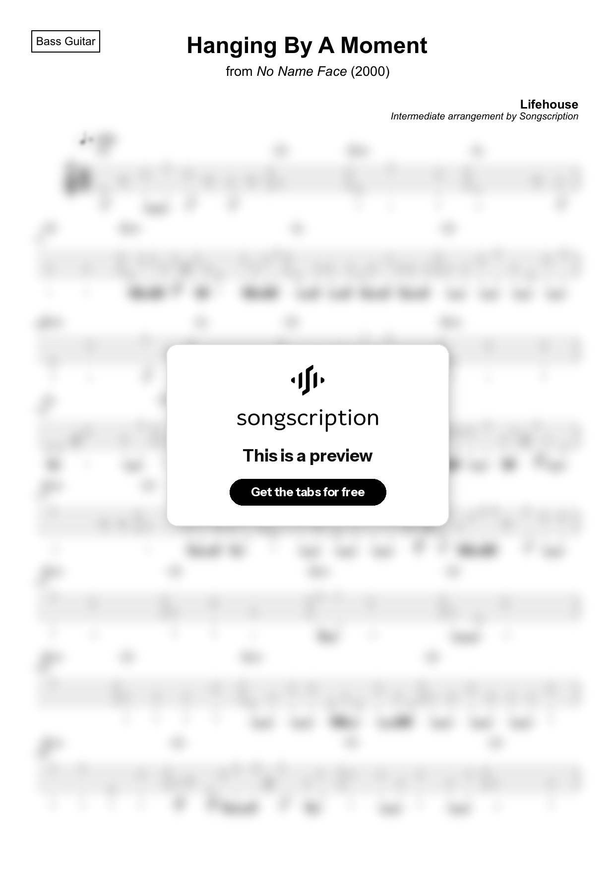 Intermediate Bass Guitar Tabs for "Hanging By A Moment" by Lifehouse