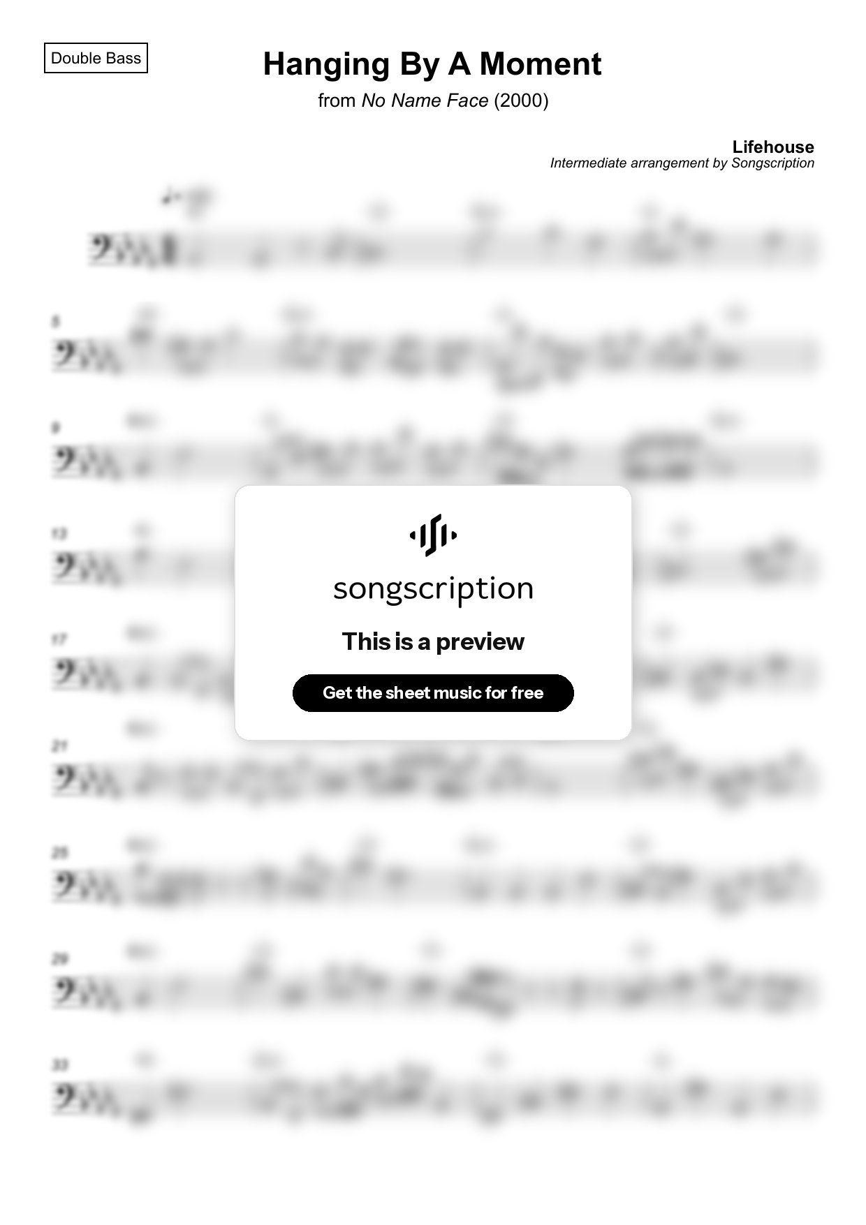 Intermediate Double Bass Sheet Music for "Hanging By A Moment" by Lifehouse