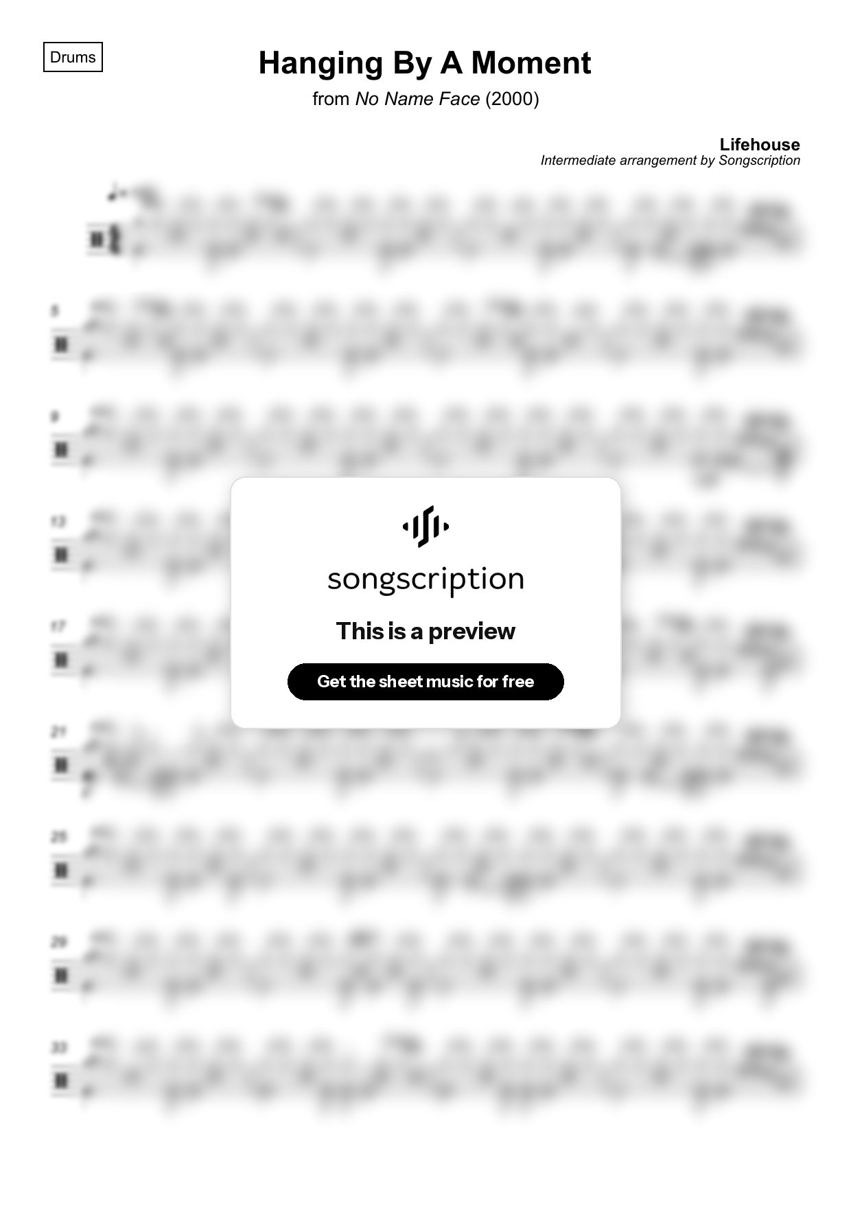 Intermediate Drums Sheet Music for "Hanging By A Moment" by Lifehouse