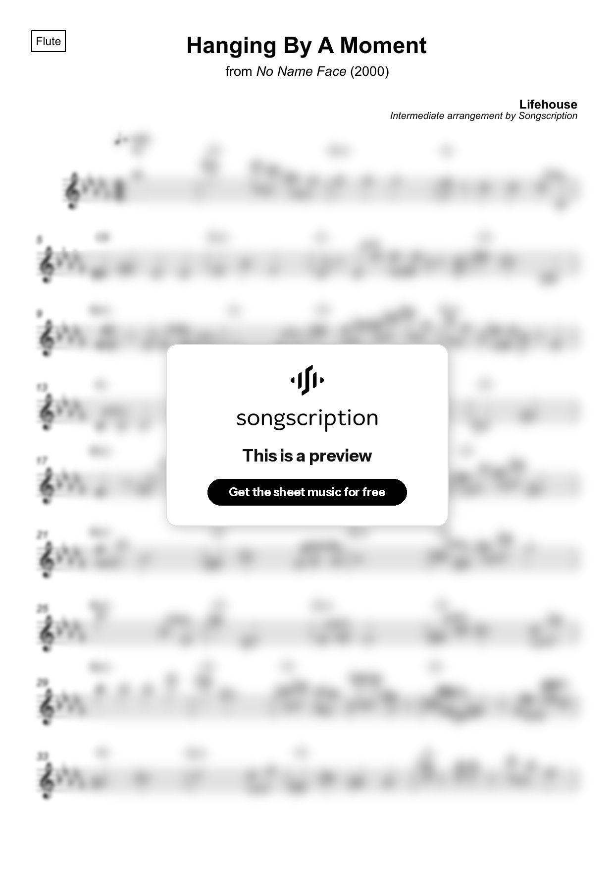Intermediate Flute Sheet Music for "Hanging By A Moment" by Lifehouse