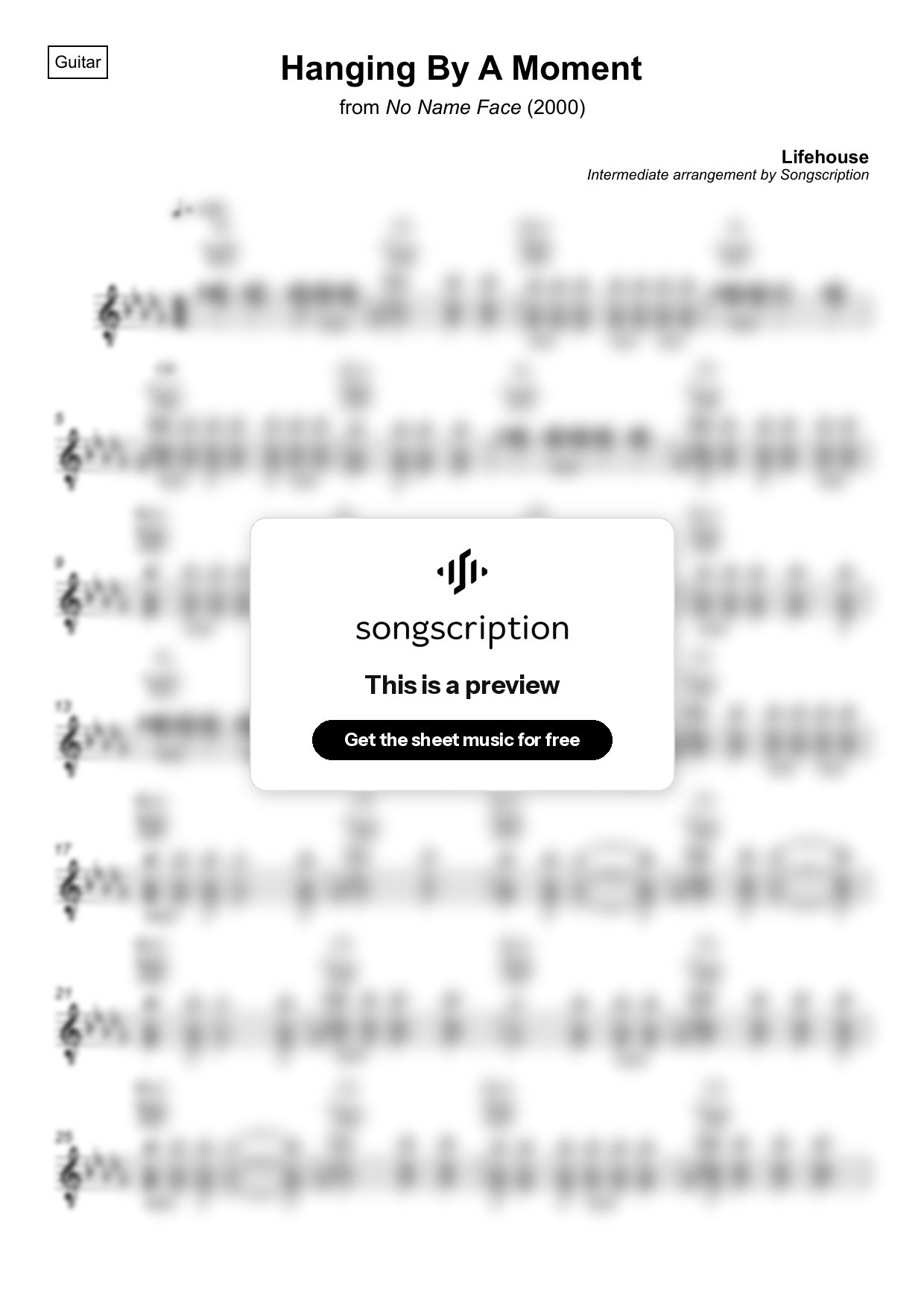 Intermediate Acoustic Guitar Sheet Music for "Hanging By A Moment" by Lifehouse