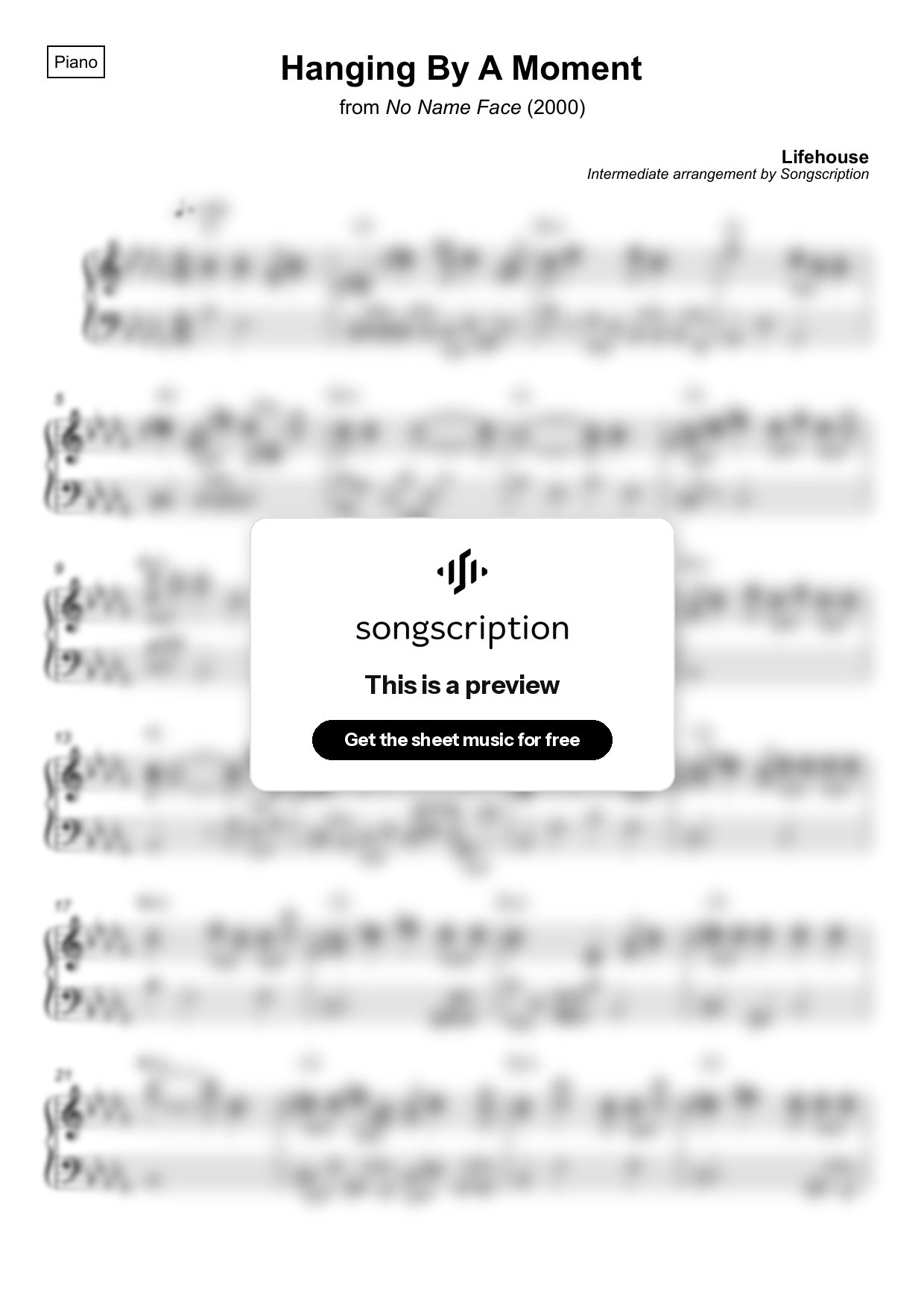 Intermediate Piano Sheet Music for "Hanging By A Moment" by Lifehouse