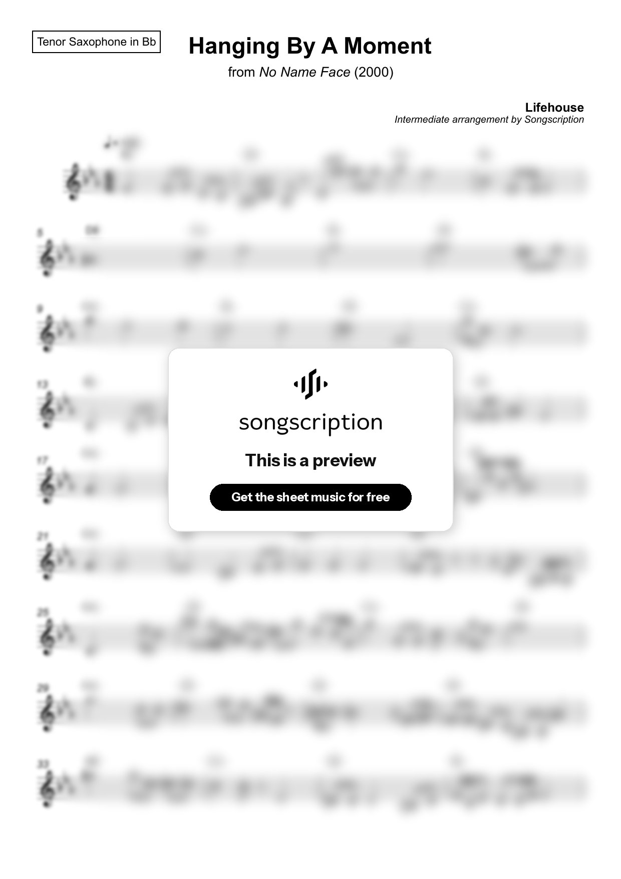 Intermediate Tenor Sax Sheet Music for "Hanging By A Moment" by Lifehouse