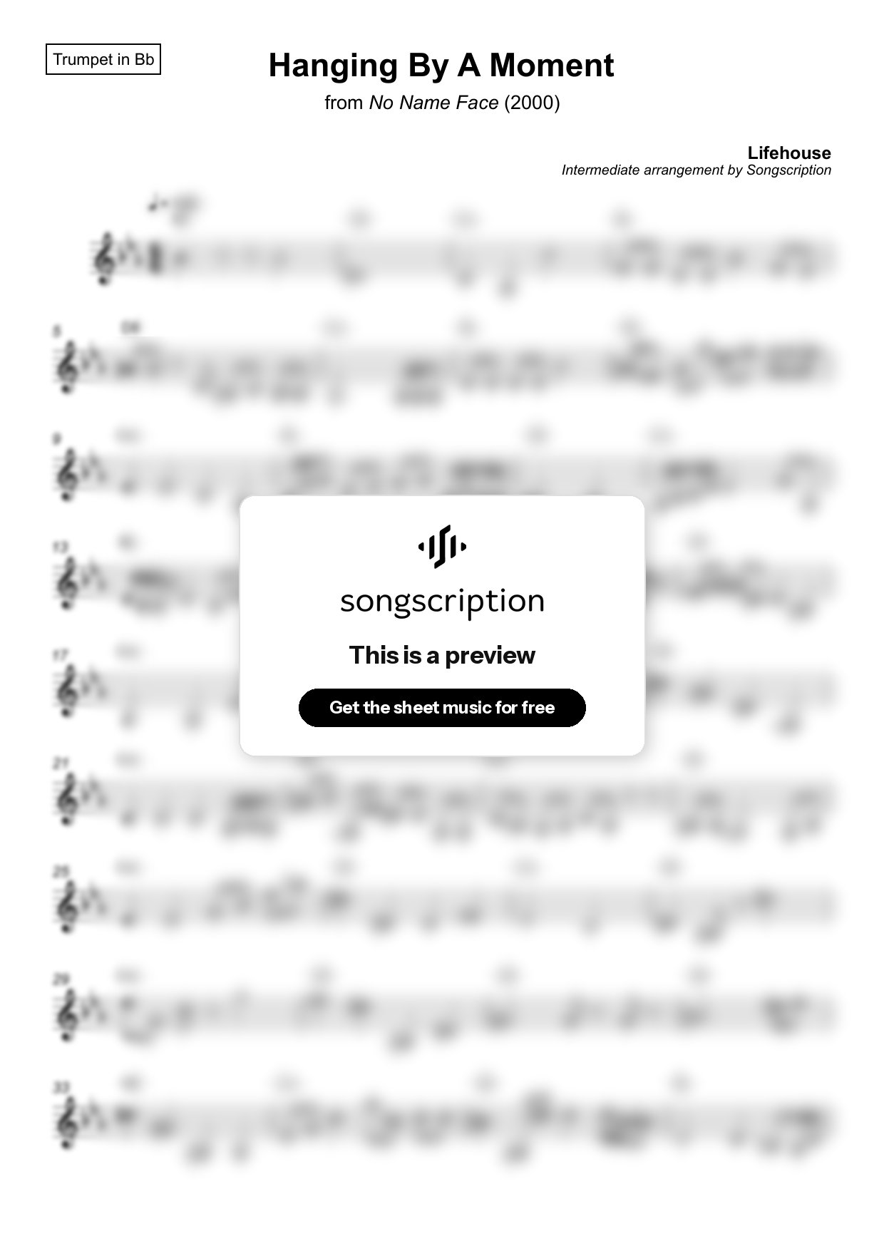 Intermediate Trumpet Sheet Music for "Hanging By A Moment" by Lifehouse