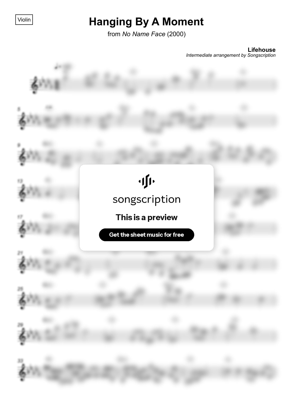 Intermediate Violin Sheet Music for "Hanging By A Moment" by Lifehouse