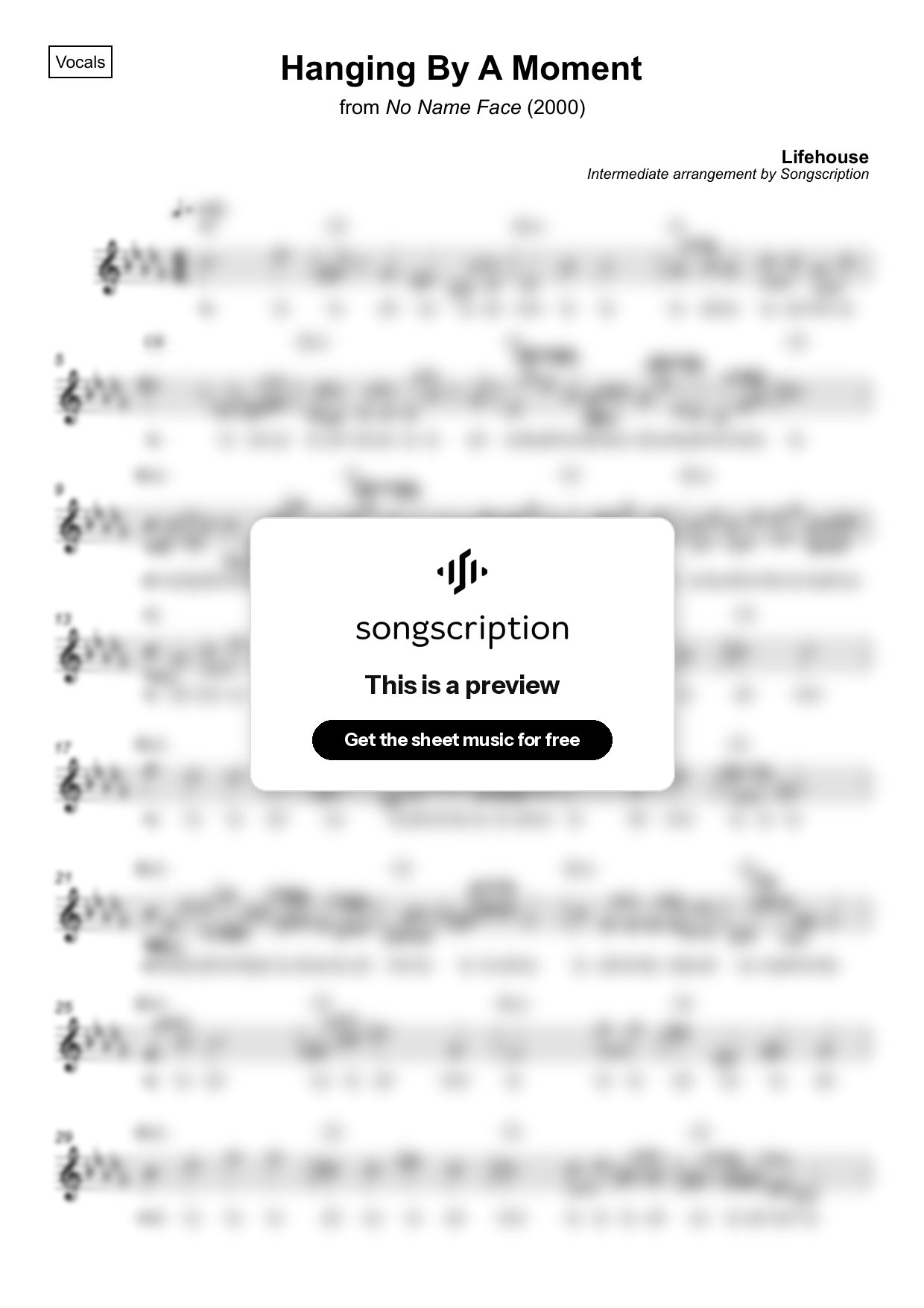 Intermediate Vocals Sheet Music for "Hanging By A Moment" by Lifehouse