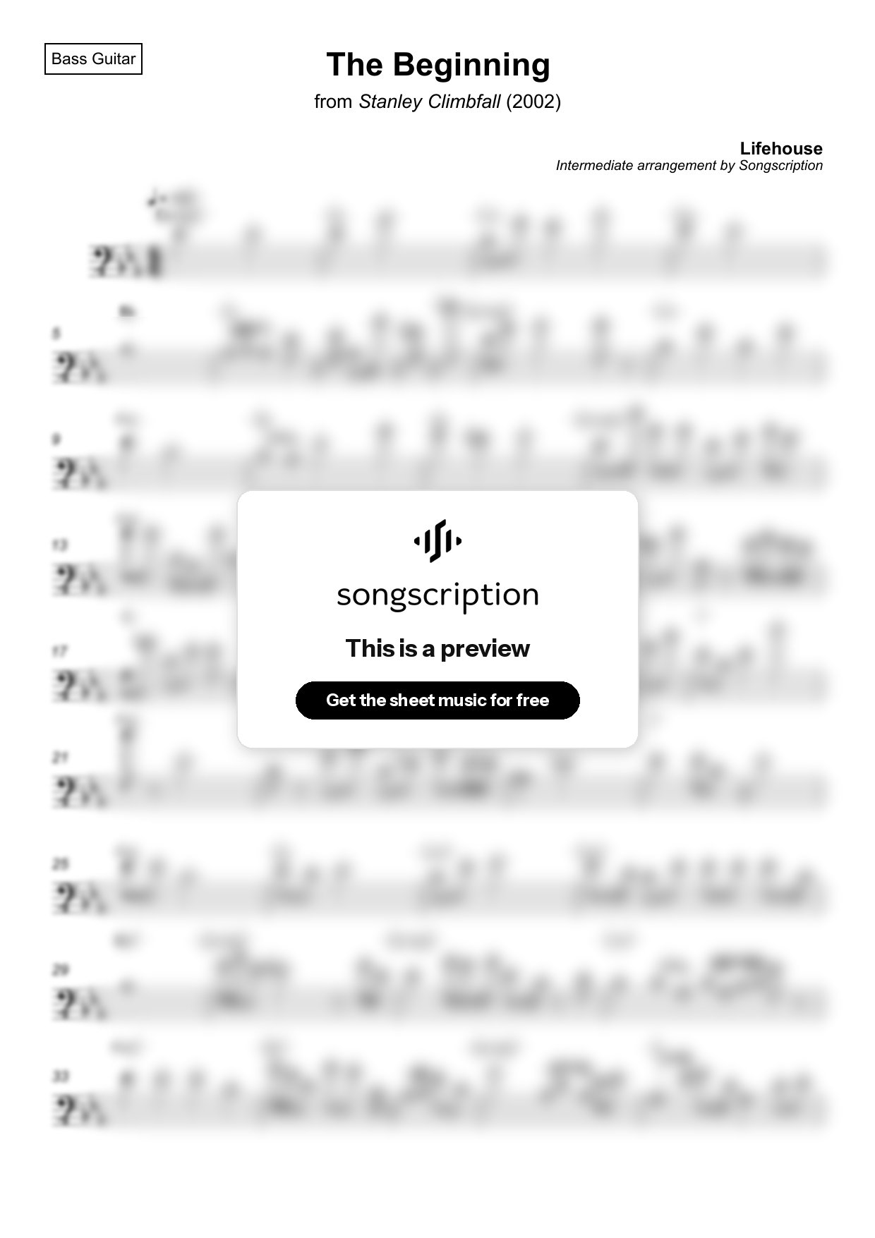 Intermediate Bass Guitar Sheet Music for "The Beginning" by Lifehouse
