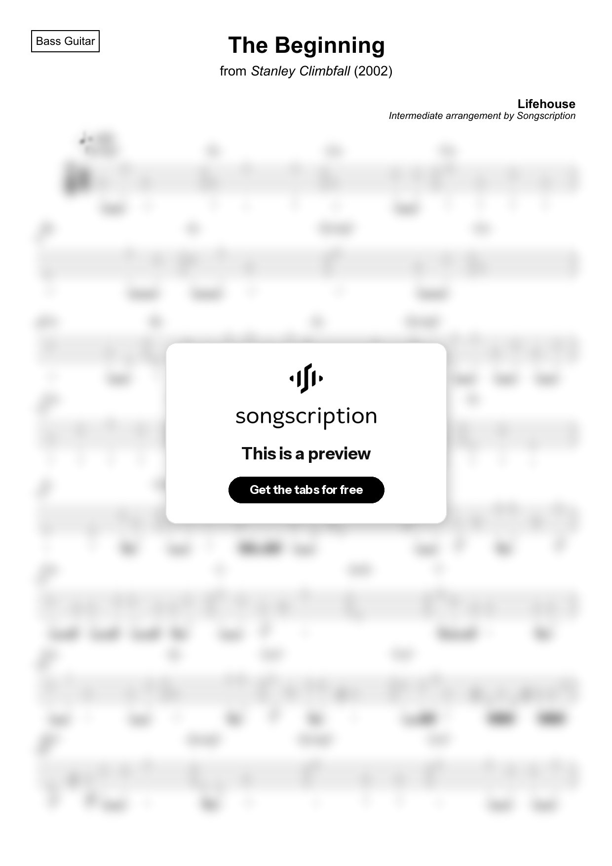 Intermediate Bass Guitar Tabs for "The Beginning" by Lifehouse