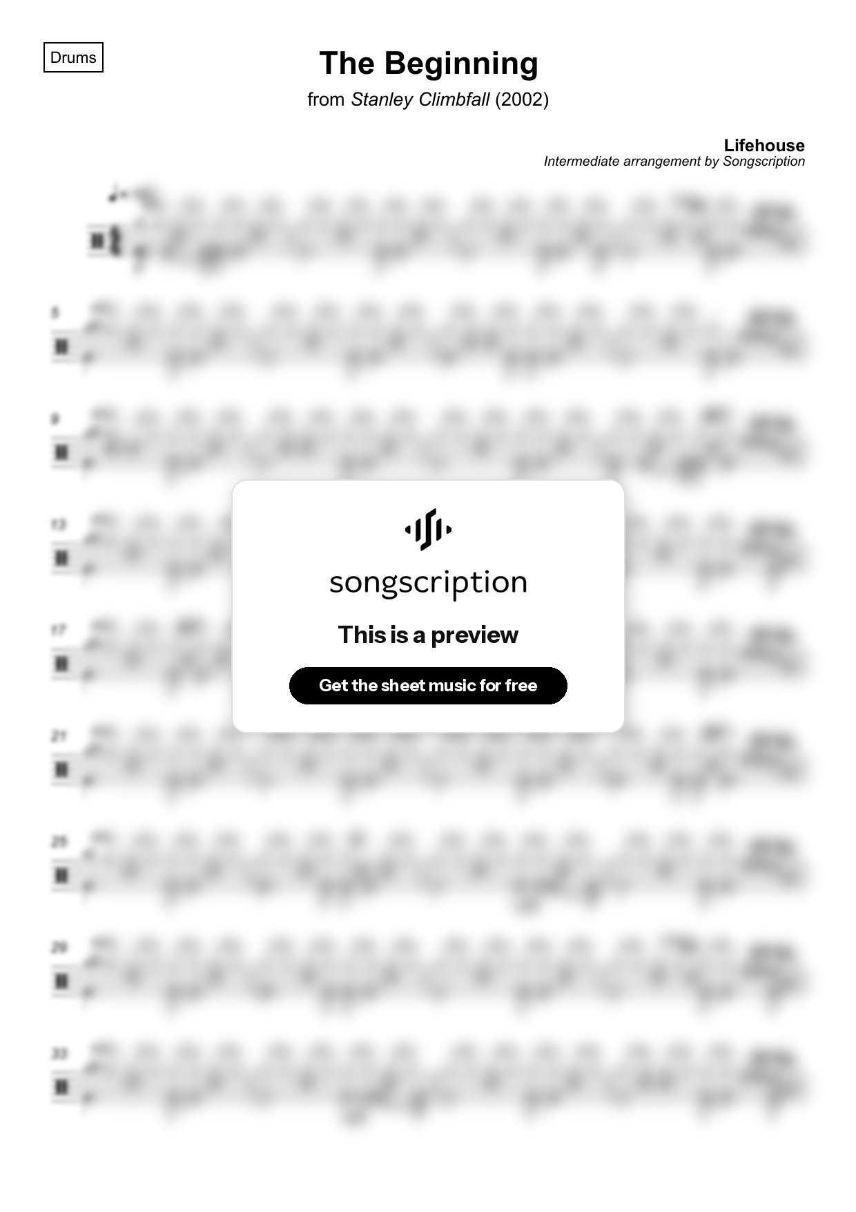 Intermediate Drums Sheet Music for "The Beginning" by Lifehouse