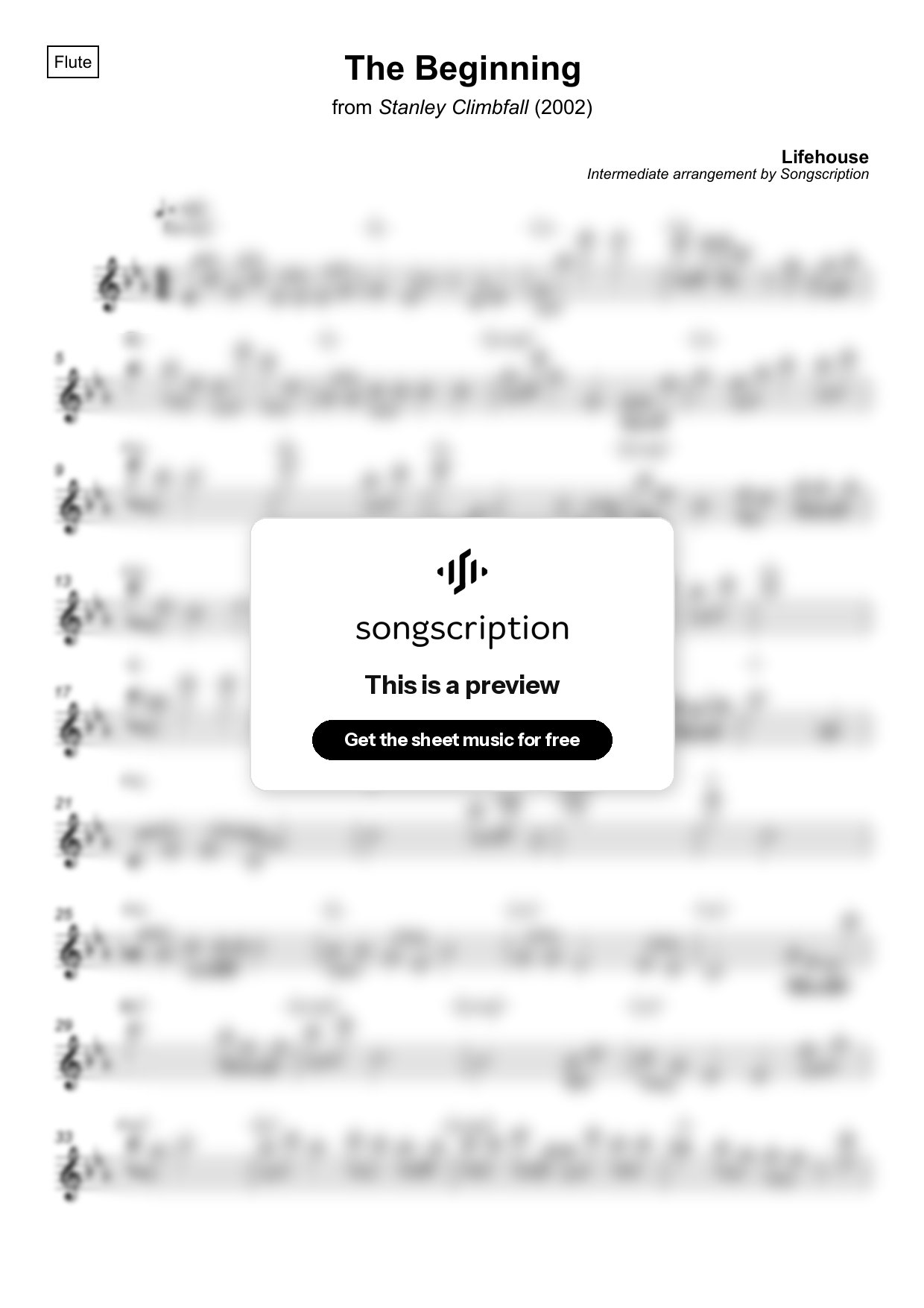 Intermediate Flute Sheet Music for "The Beginning" by Lifehouse