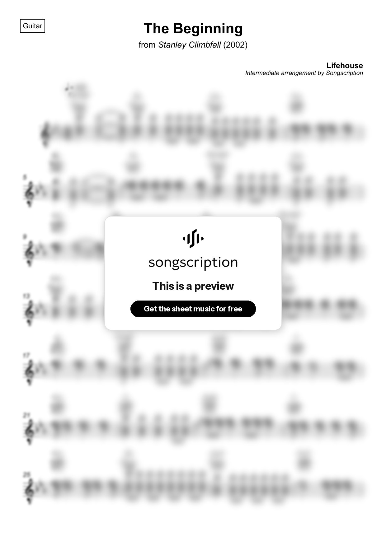 Intermediate Acoustic Guitar Sheet Music for "The Beginning" by Lifehouse