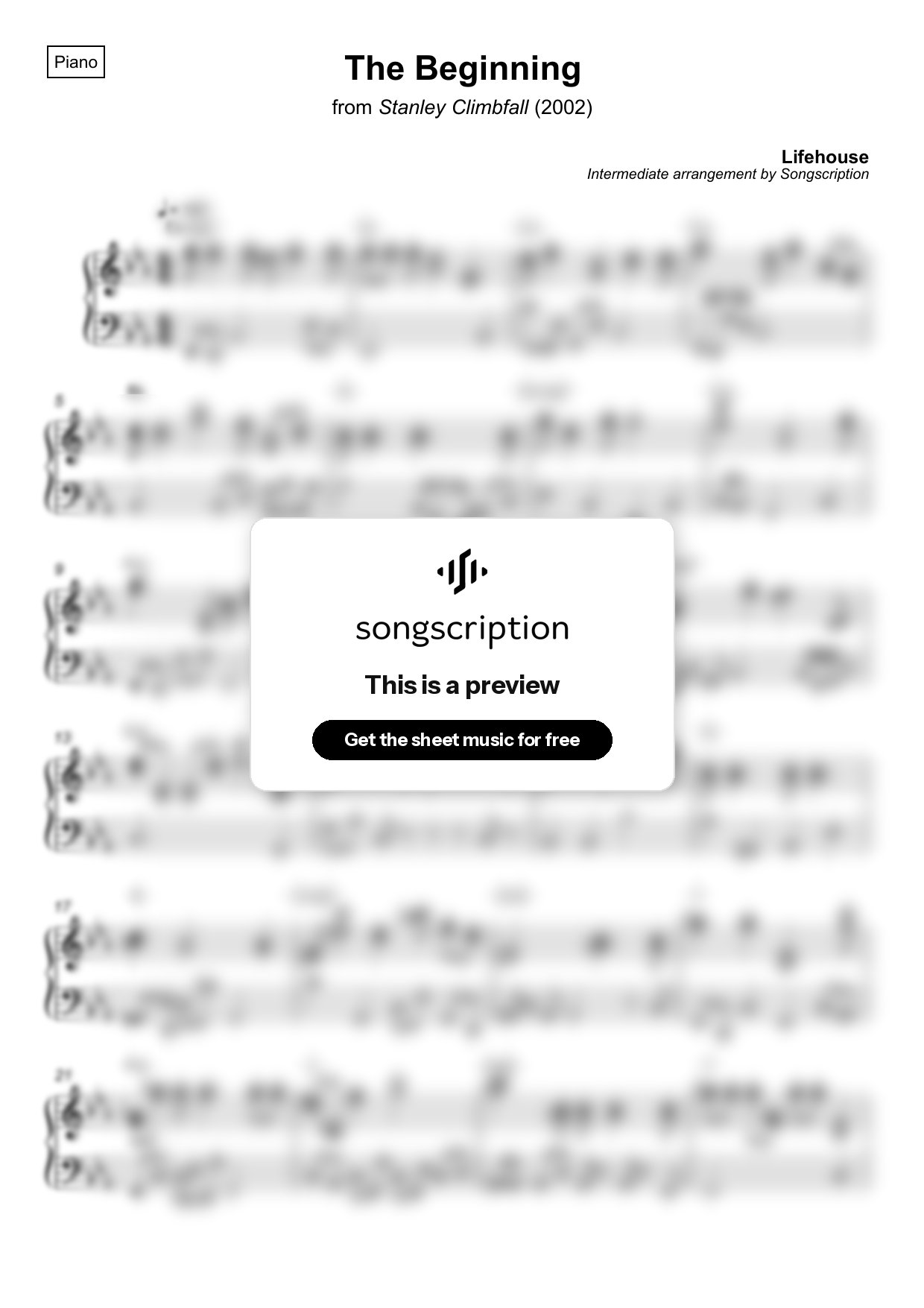 Intermediate Piano Sheet Music for "The Beginning" by Lifehouse