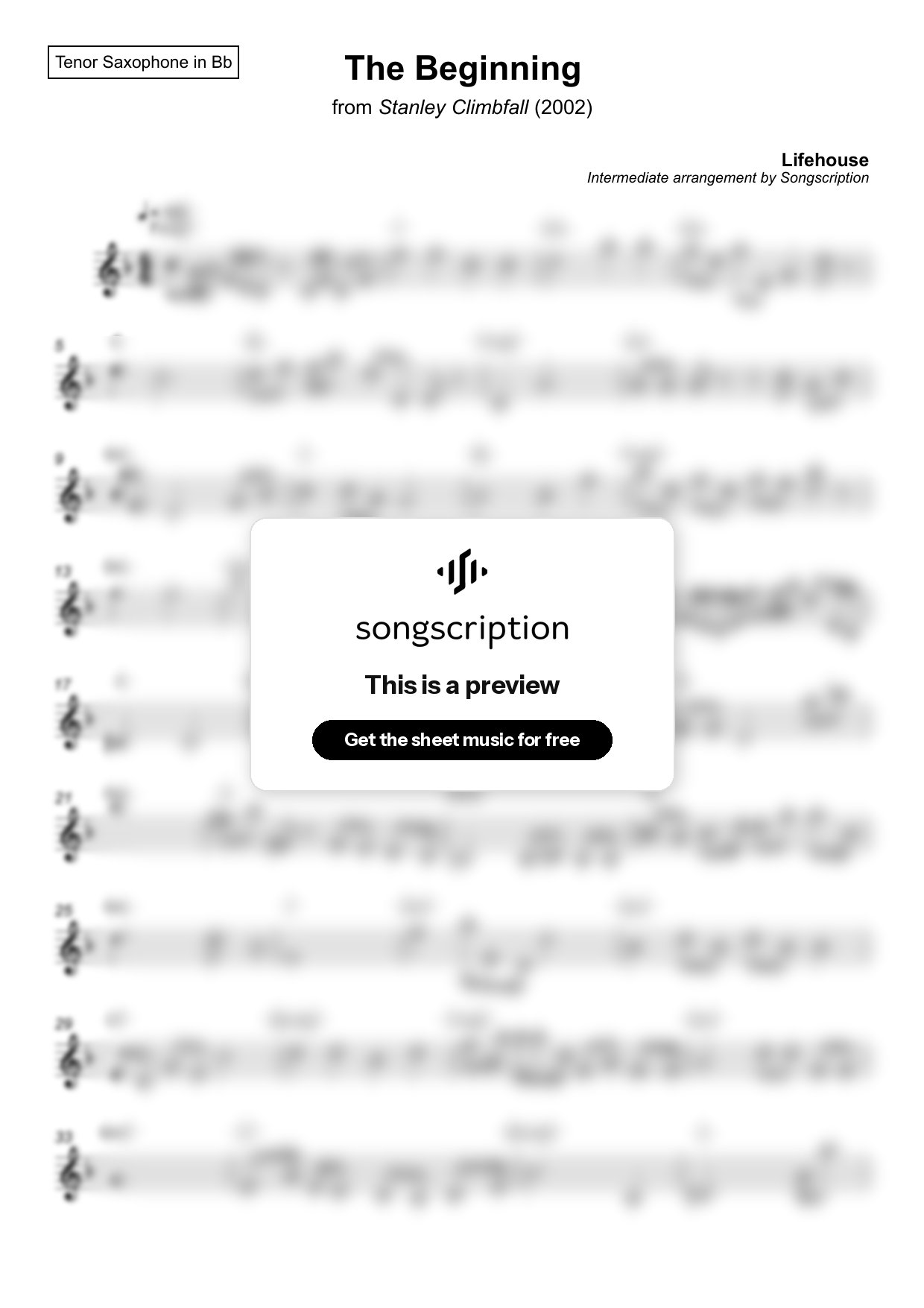 Intermediate Tenor Sax Sheet Music for "The Beginning" by Lifehouse