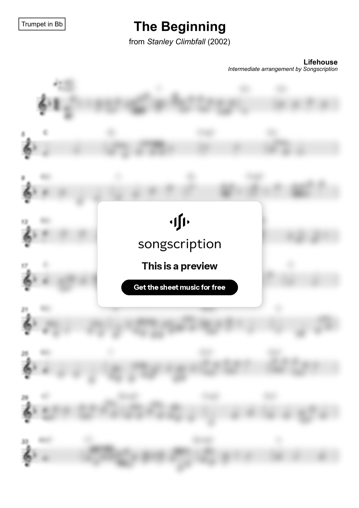 Intermediate Trumpet Sheet Music for "The Beginning" by Lifehouse