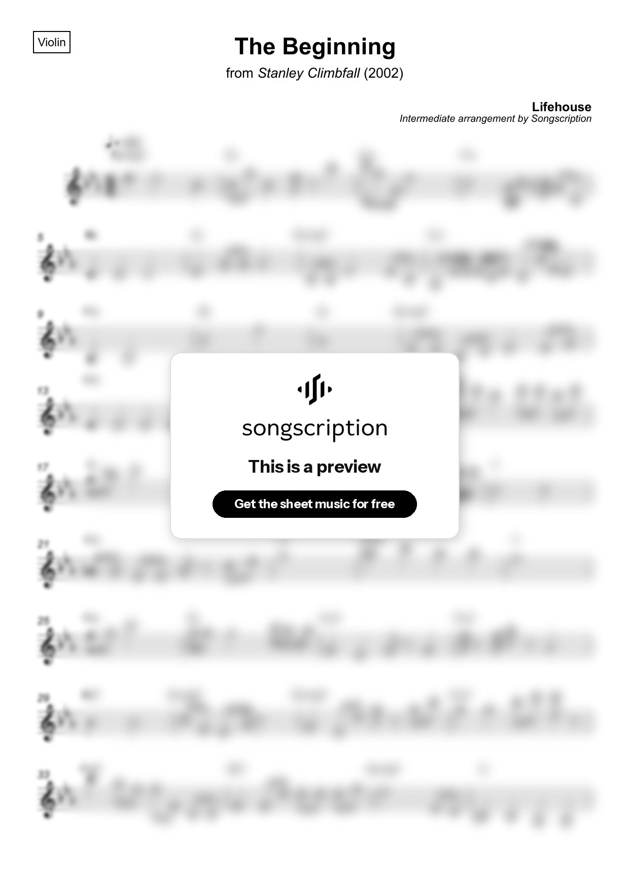 Intermediate Violin Sheet Music for "The Beginning" by Lifehouse