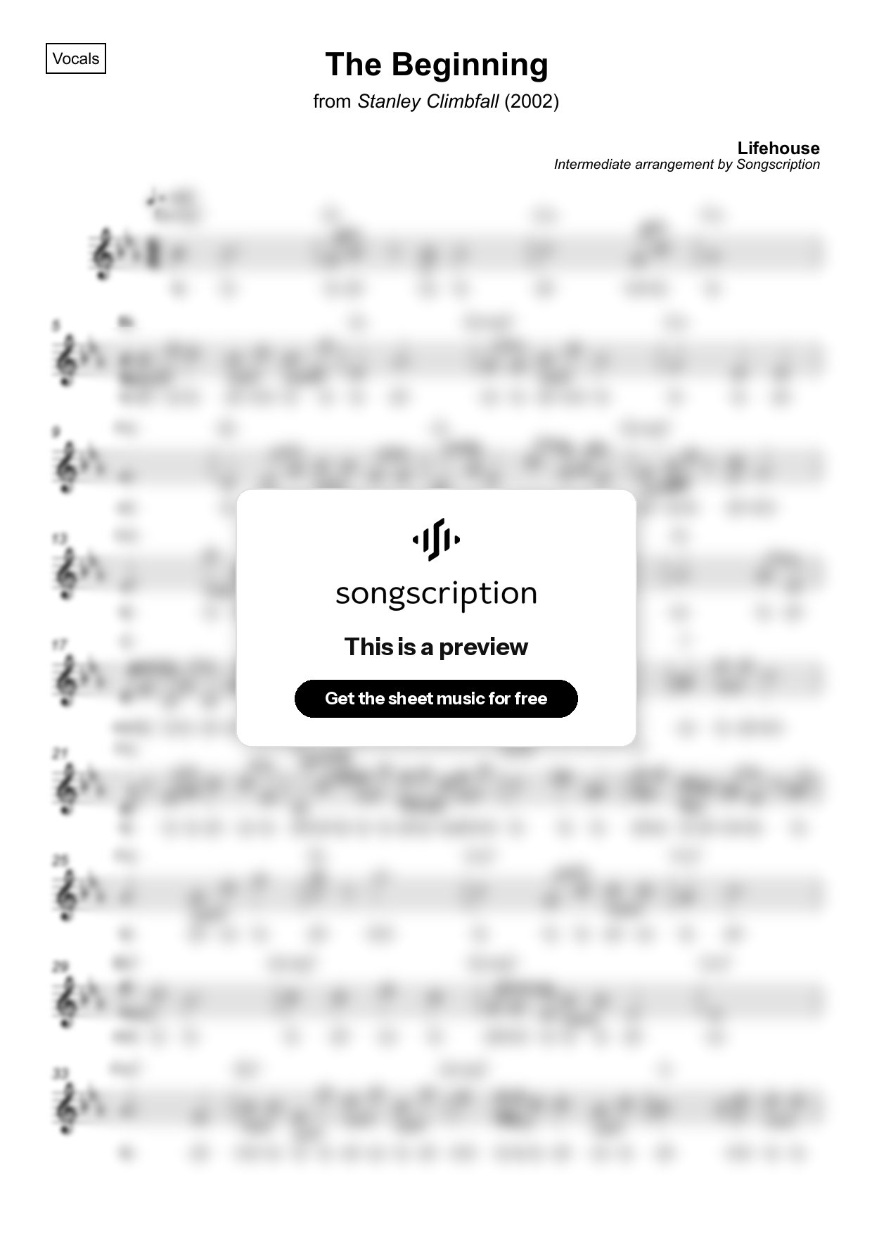 Intermediate Vocals Sheet Music for "The Beginning" by Lifehouse