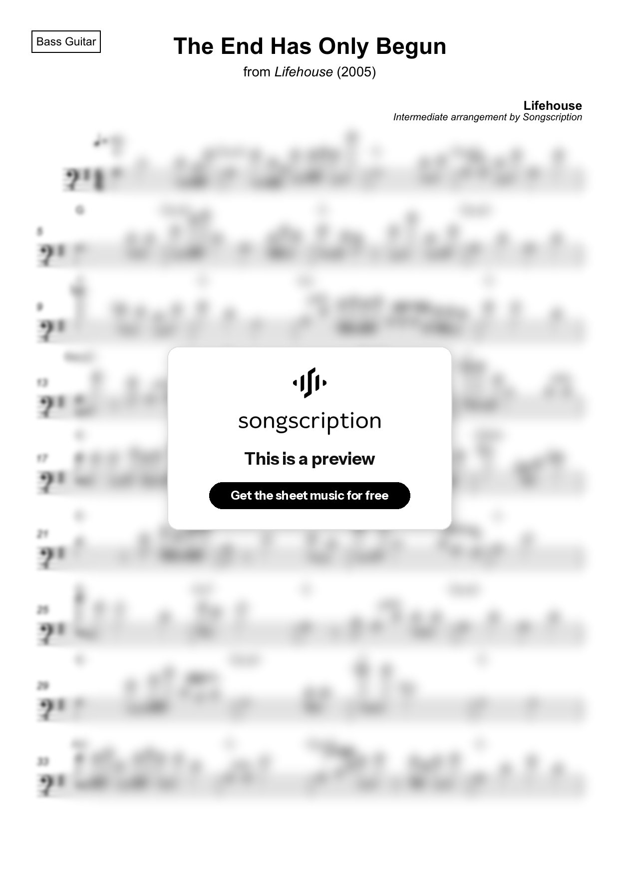 Intermediate Bass Guitar Sheet Music for "The End Has Only Begun" by Lifehouse