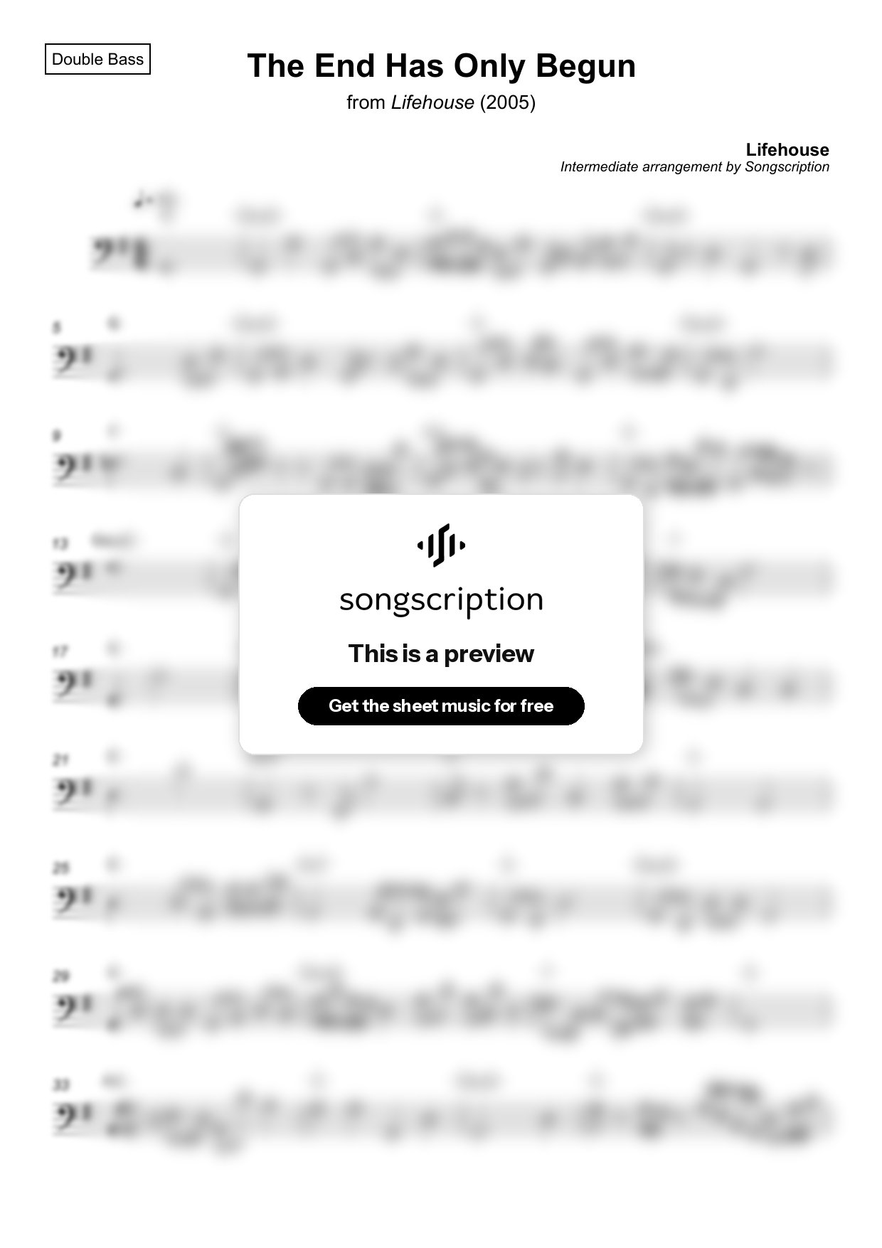 Intermediate Double Bass Sheet Music for "The End Has Only Begun" by Lifehouse