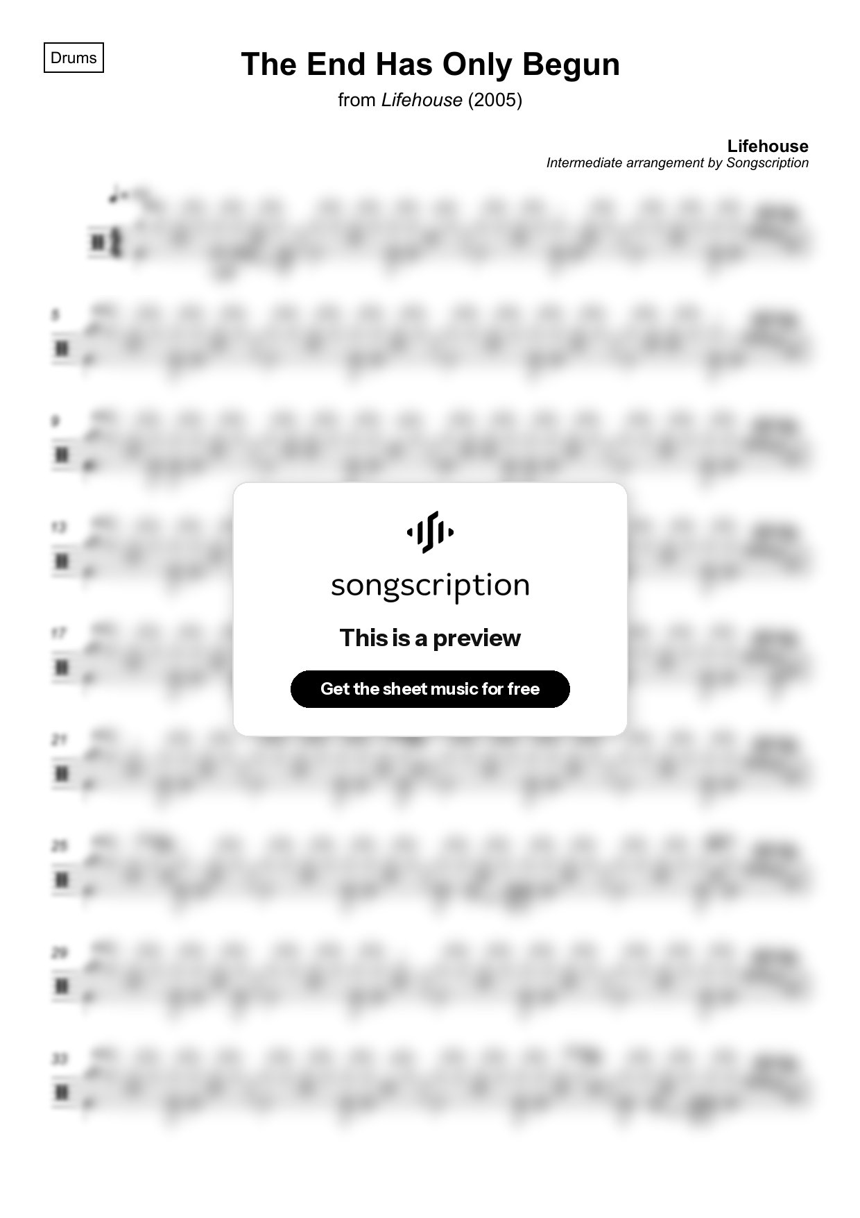 Intermediate Drums Sheet Music for "The End Has Only Begun" by Lifehouse
