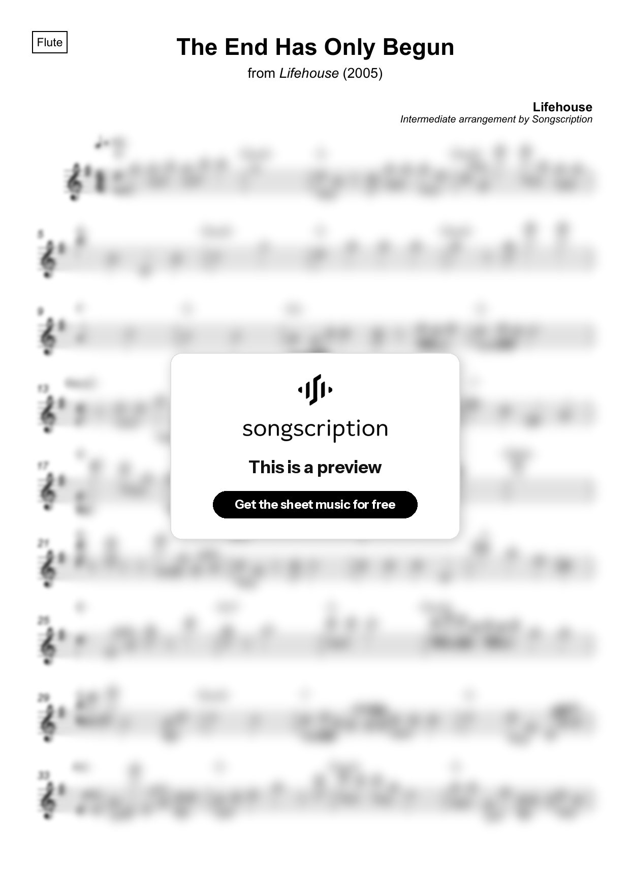 Intermediate Flute Sheet Music for "The End Has Only Begun" by Lifehouse