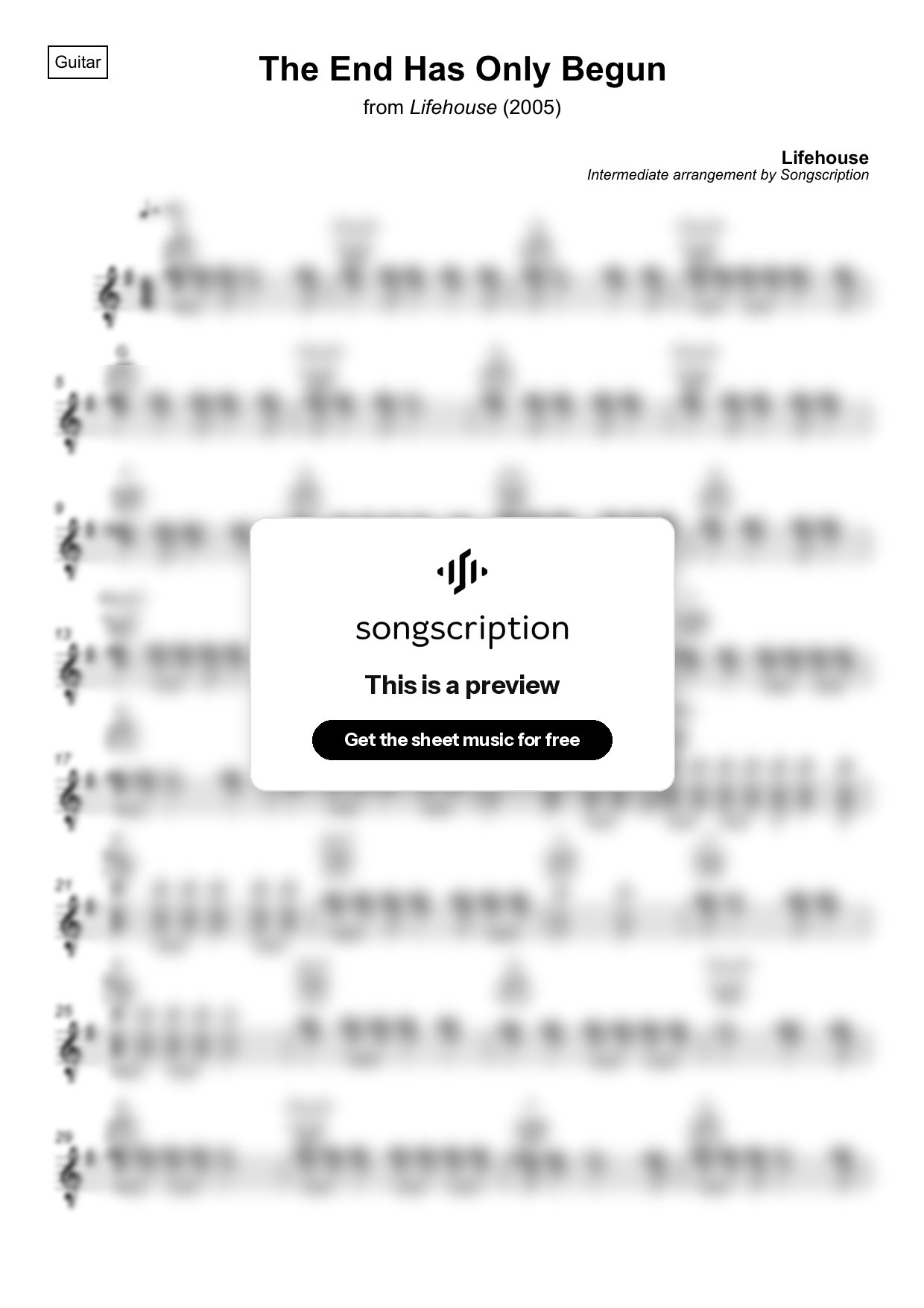 Intermediate Acoustic Guitar Sheet Music for "The End Has Only Begun" by Lifehouse