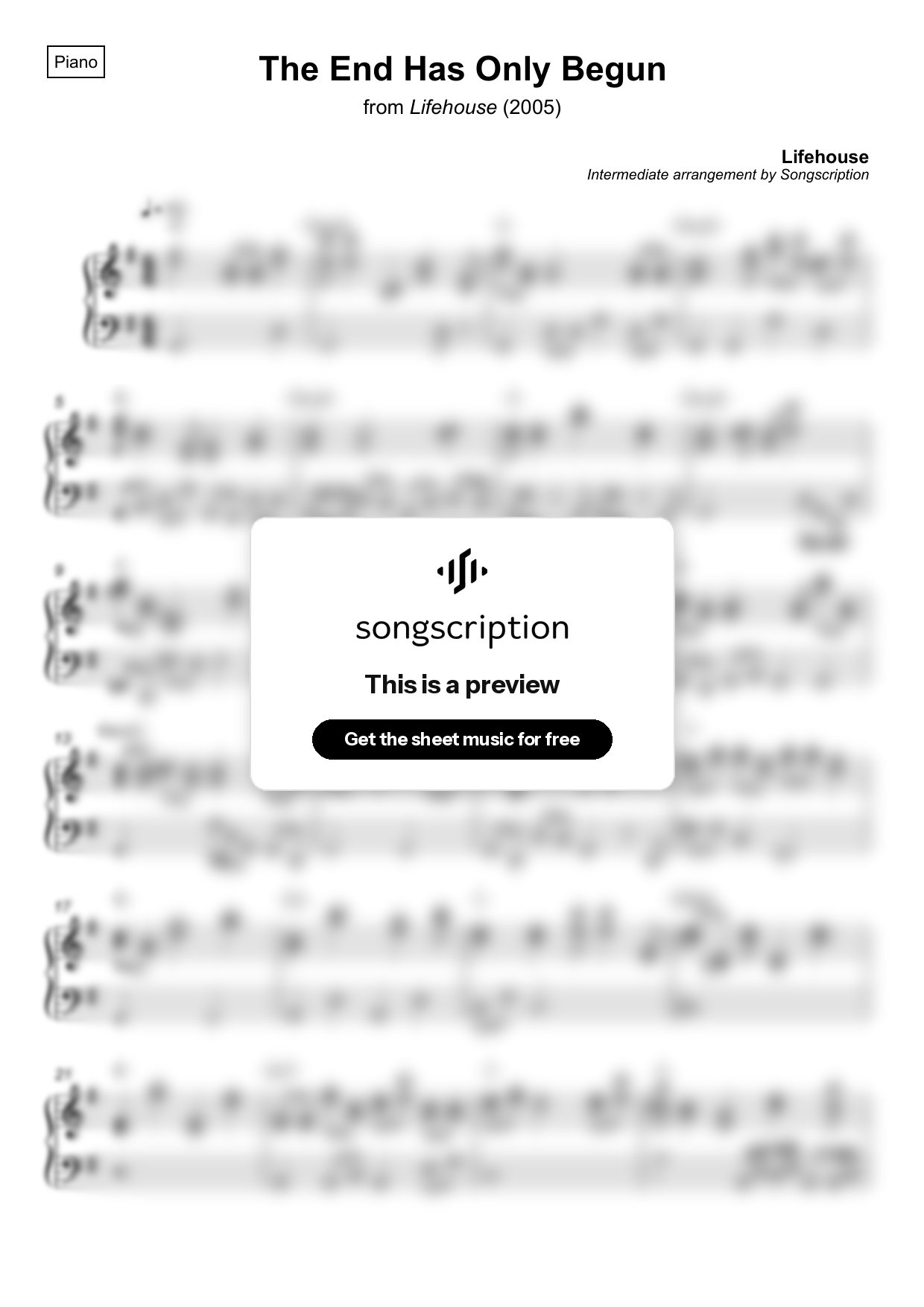 Intermediate Piano Sheet Music for "The End Has Only Begun" by Lifehouse