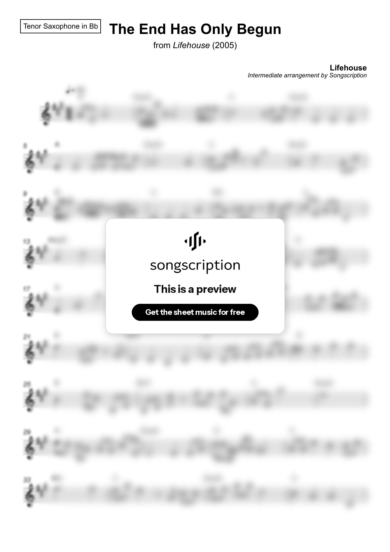Intermediate Tenor Sax Sheet Music for "The End Has Only Begun" by Lifehouse