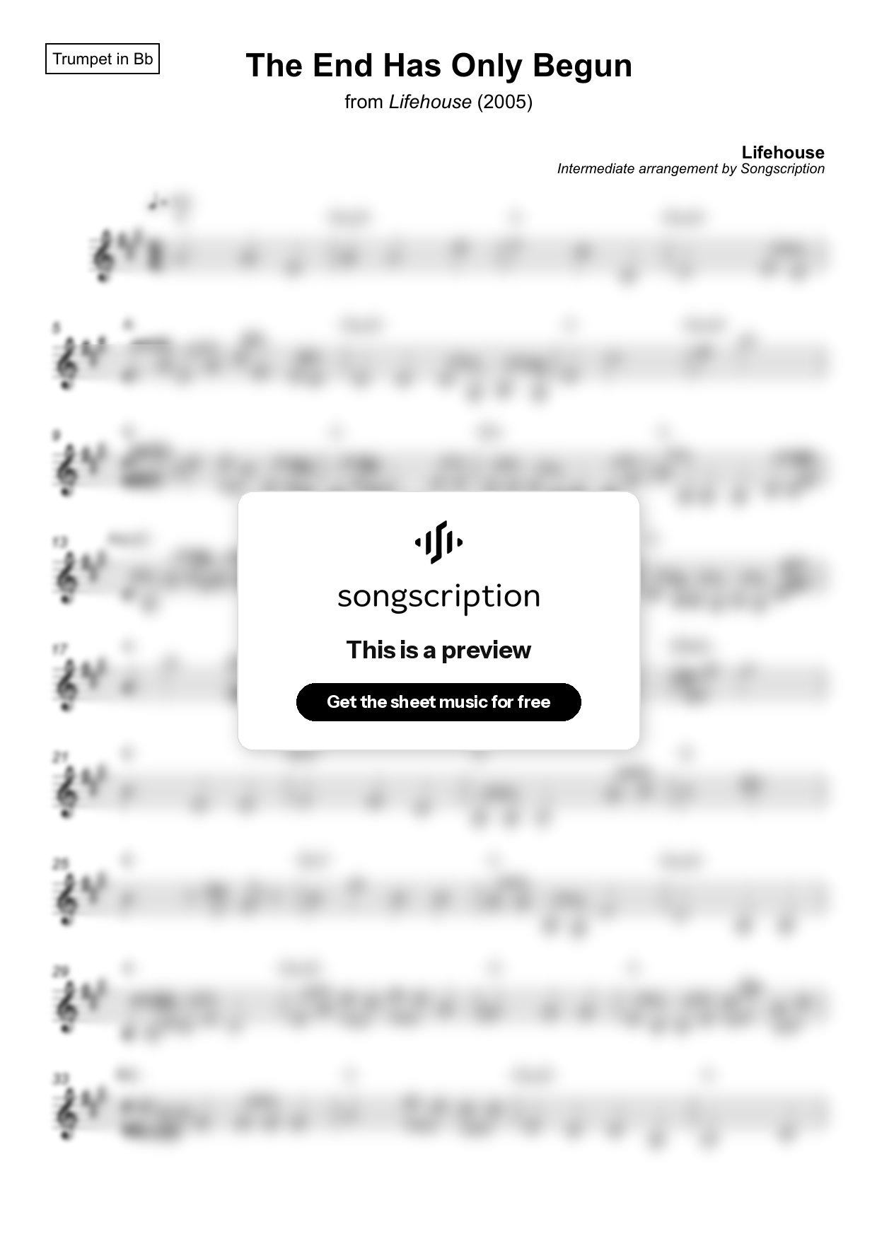 Intermediate Trumpet Sheet Music for "The End Has Only Begun" by Lifehouse