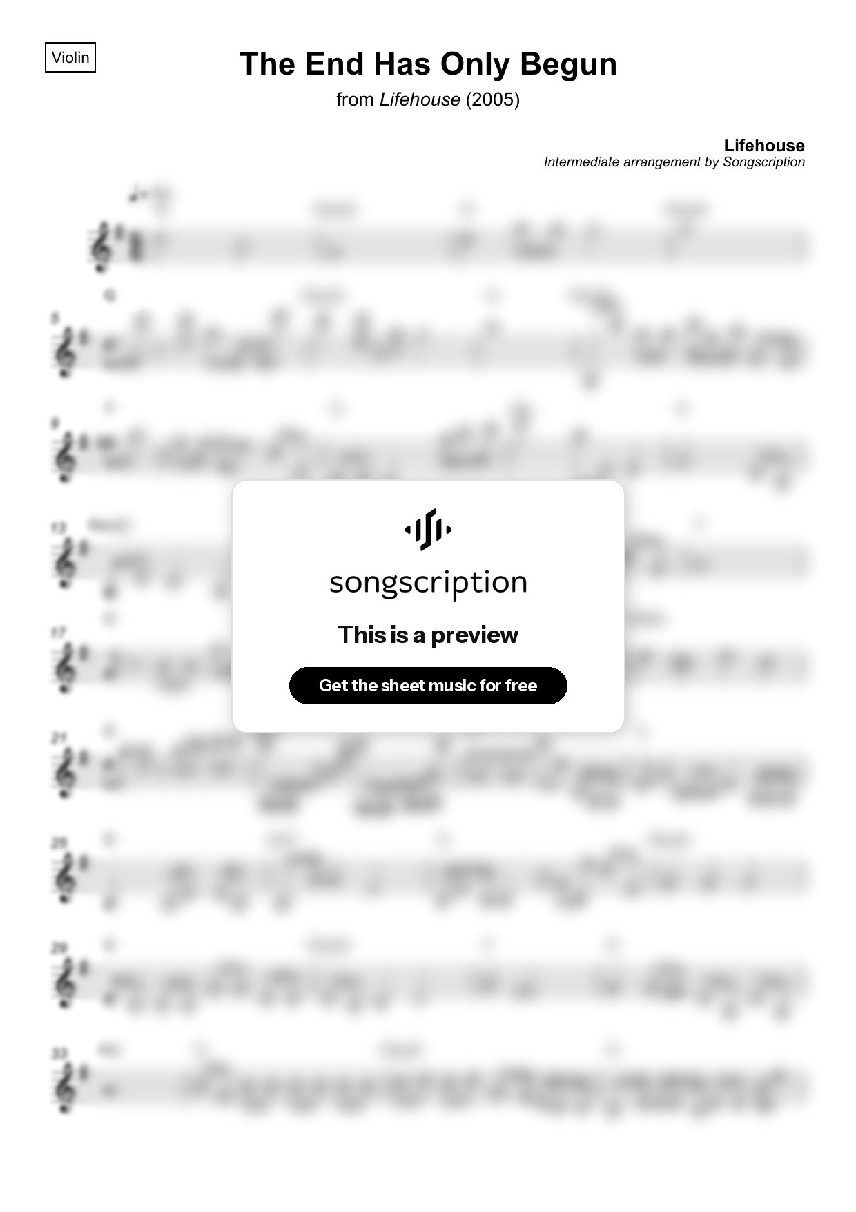 Intermediate Violin Sheet Music for "The End Has Only Begun" by Lifehouse