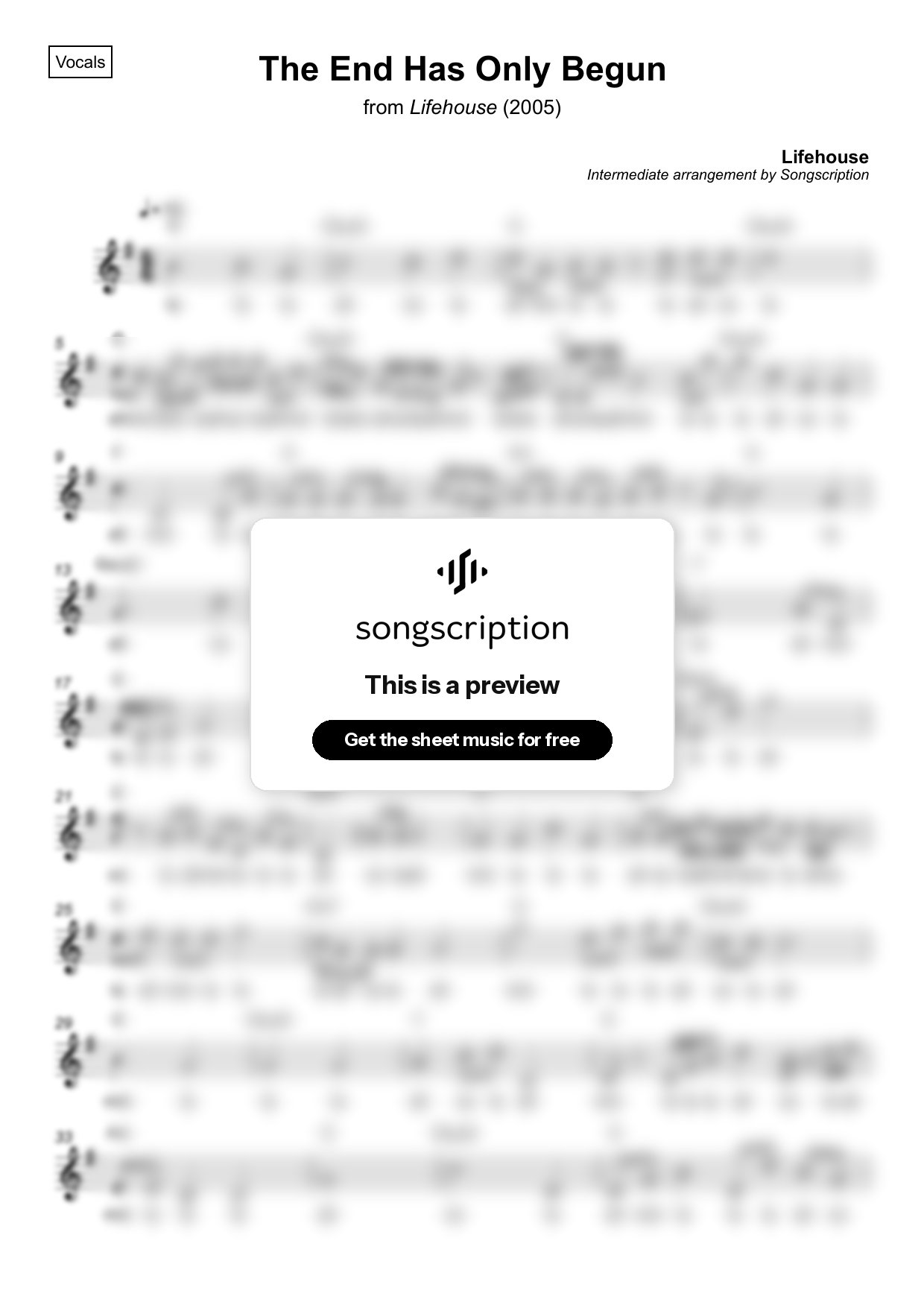 Intermediate Vocals Sheet Music for "The End Has Only Begun" by Lifehouse